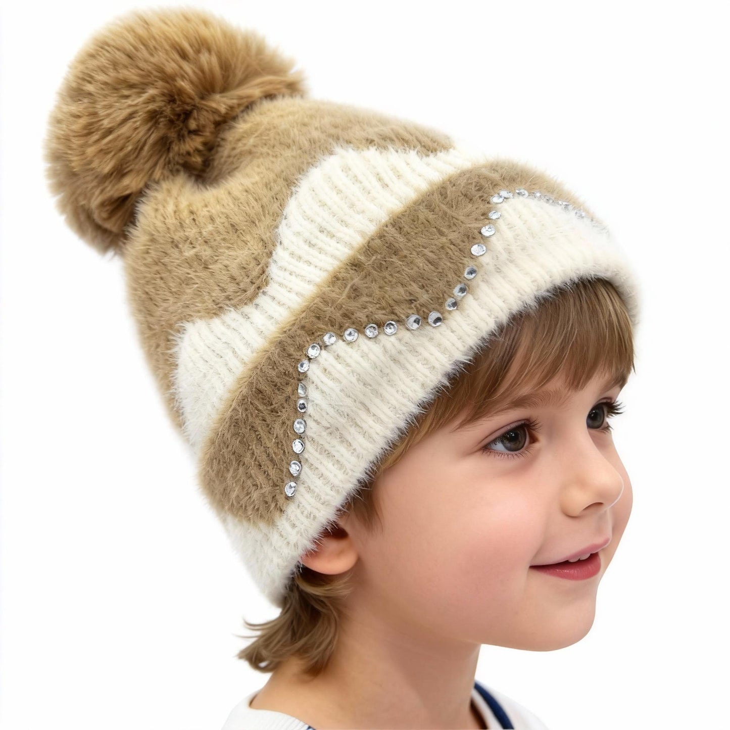 Double Layer Warm Plush Thickened Wool Ball Ear Protection Knitted Hat for Women Fashionable Jacquard Color Blocked Style