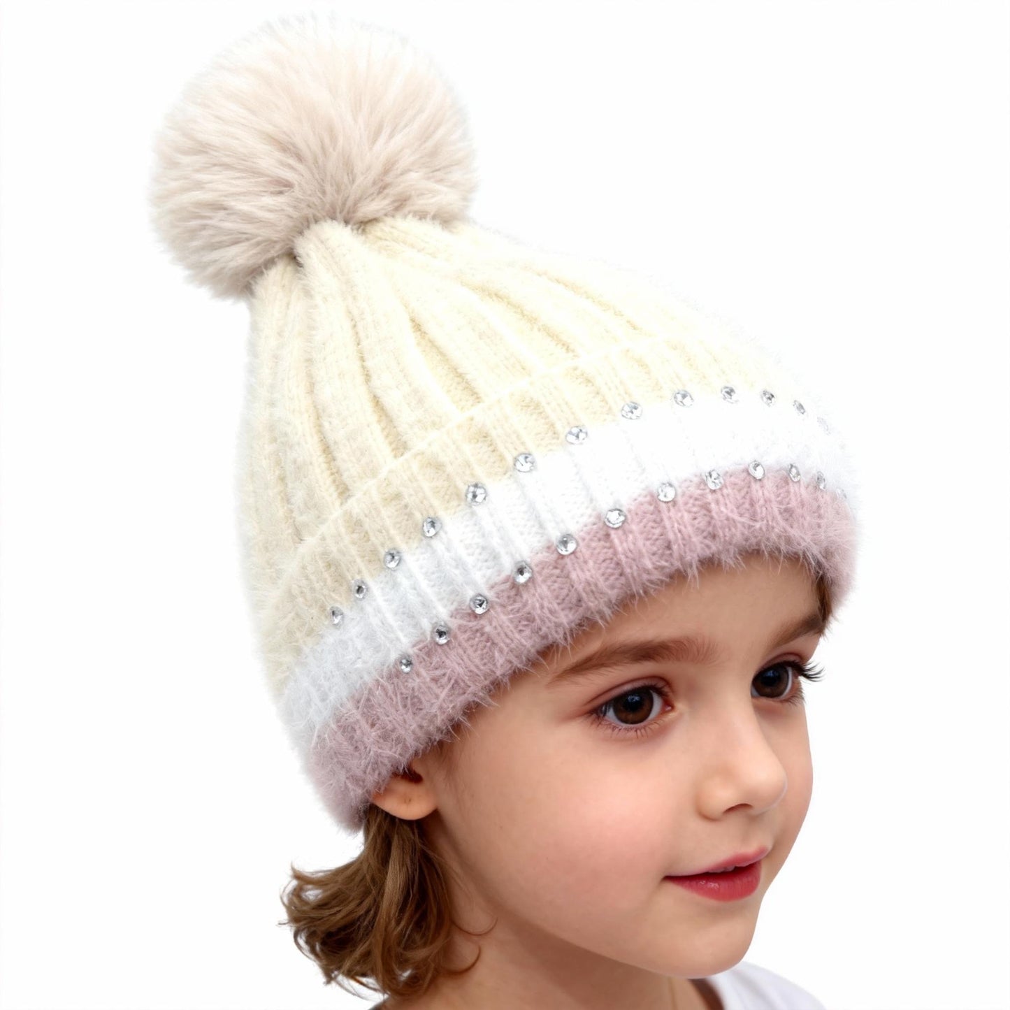 Winter New Velvet Warm Ear Protection Knitted Hat for Children Cute Plush Splicing Hoodie Riding Windproof with Rhinestone Detail