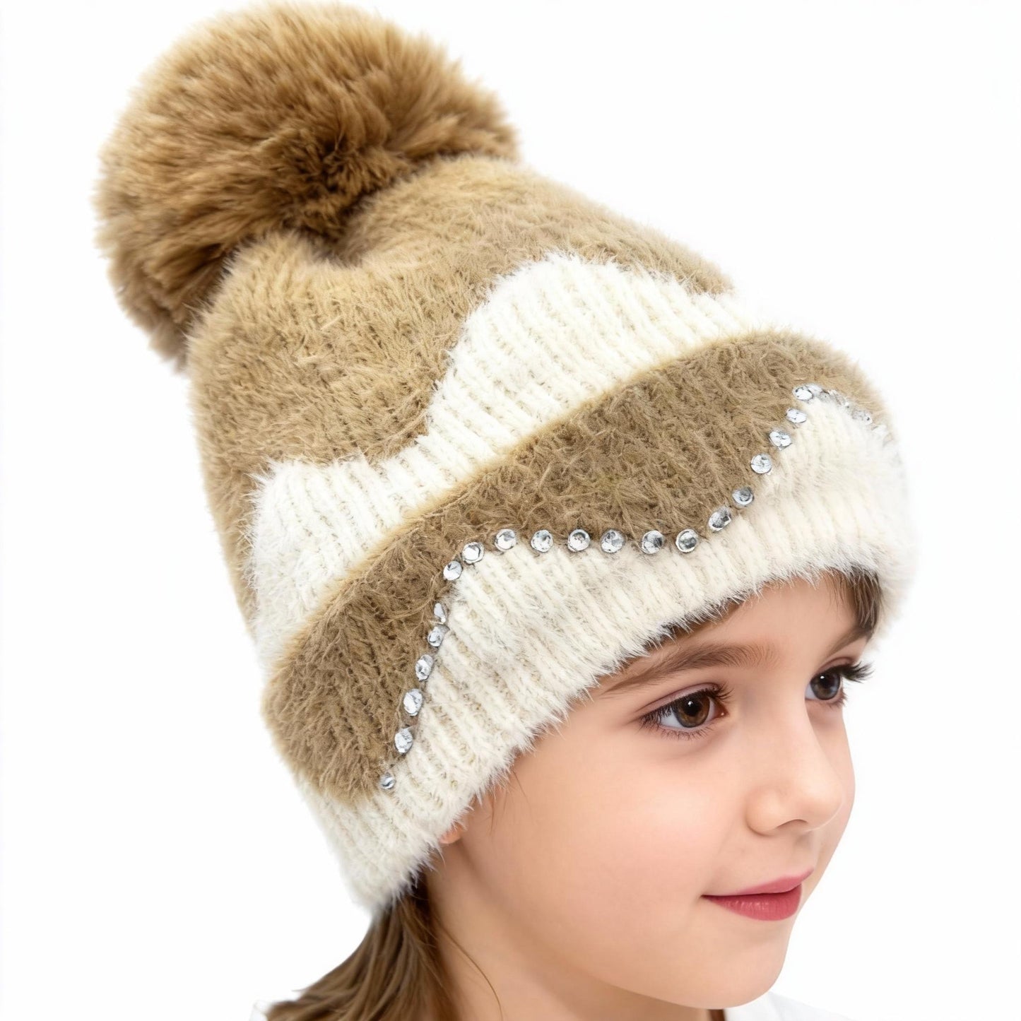 Double Layer Warm Plush Thickened Wool Ball Ear Protection Knitted Hat for Women Fashionable Jacquard Color Blocked Style