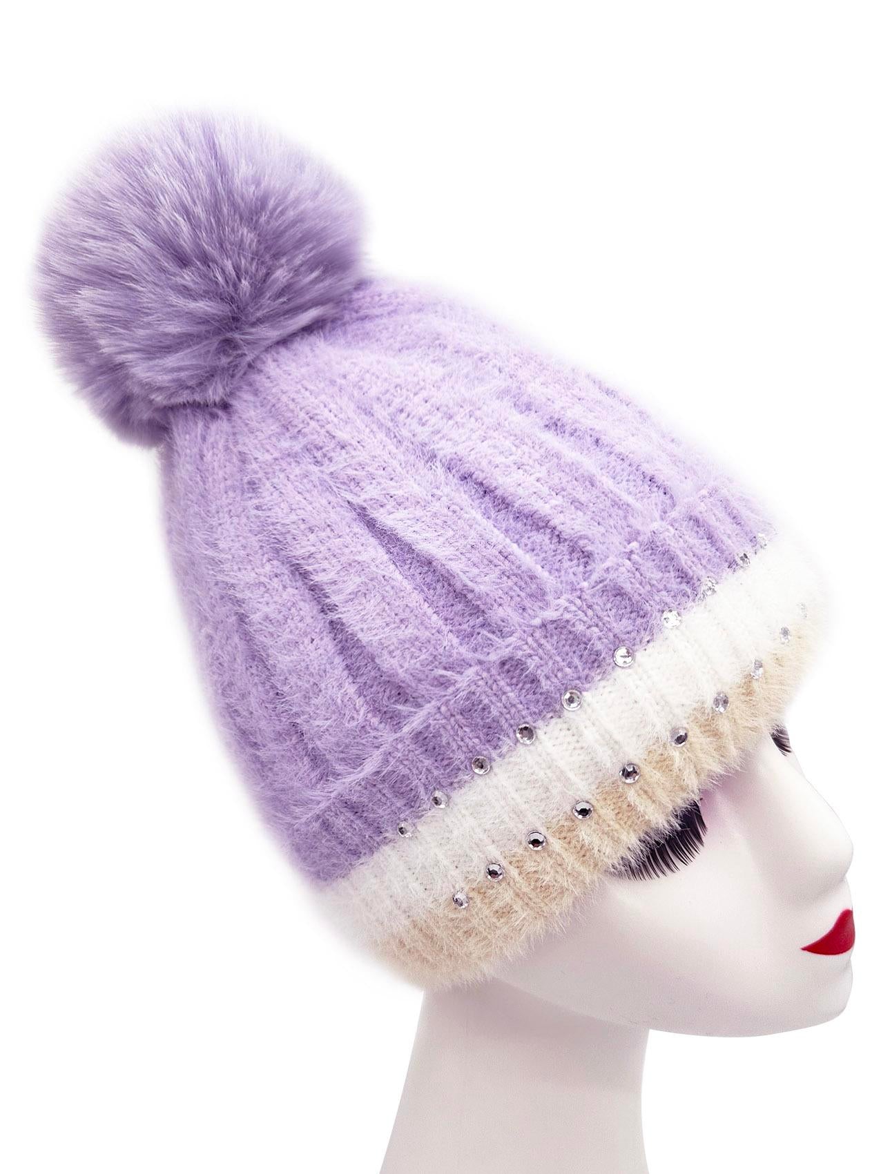 Winter New Velvet Warm Ear Protection Knitted Hat for Children Cute Plush Splicing Hoodie Riding Windproof with Rhinestone Detail