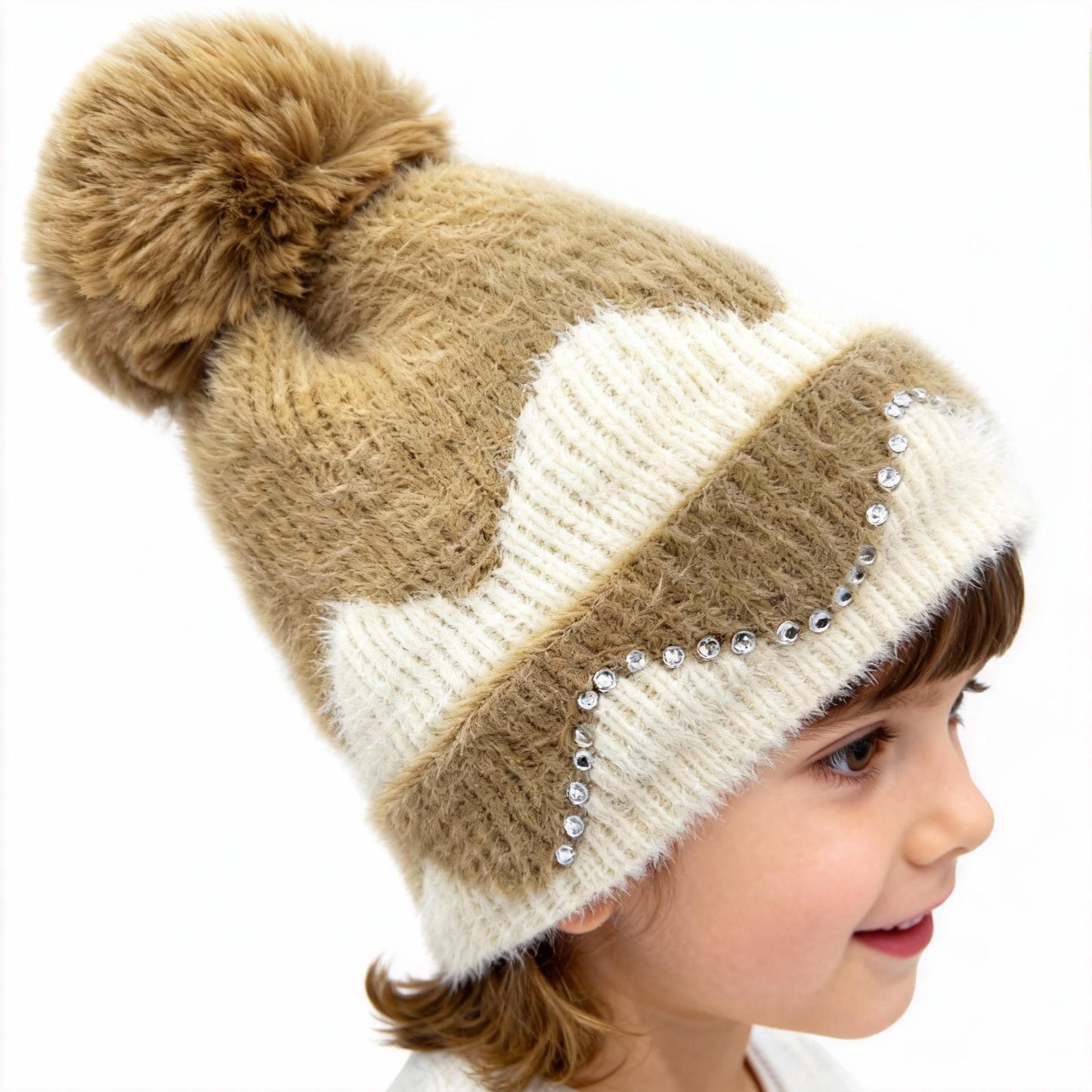 Double Layer Warm Plush Thickened Wool Ball Ear Protection Knitted Hat for Women Fashionable Jacquard Color Blocked Style