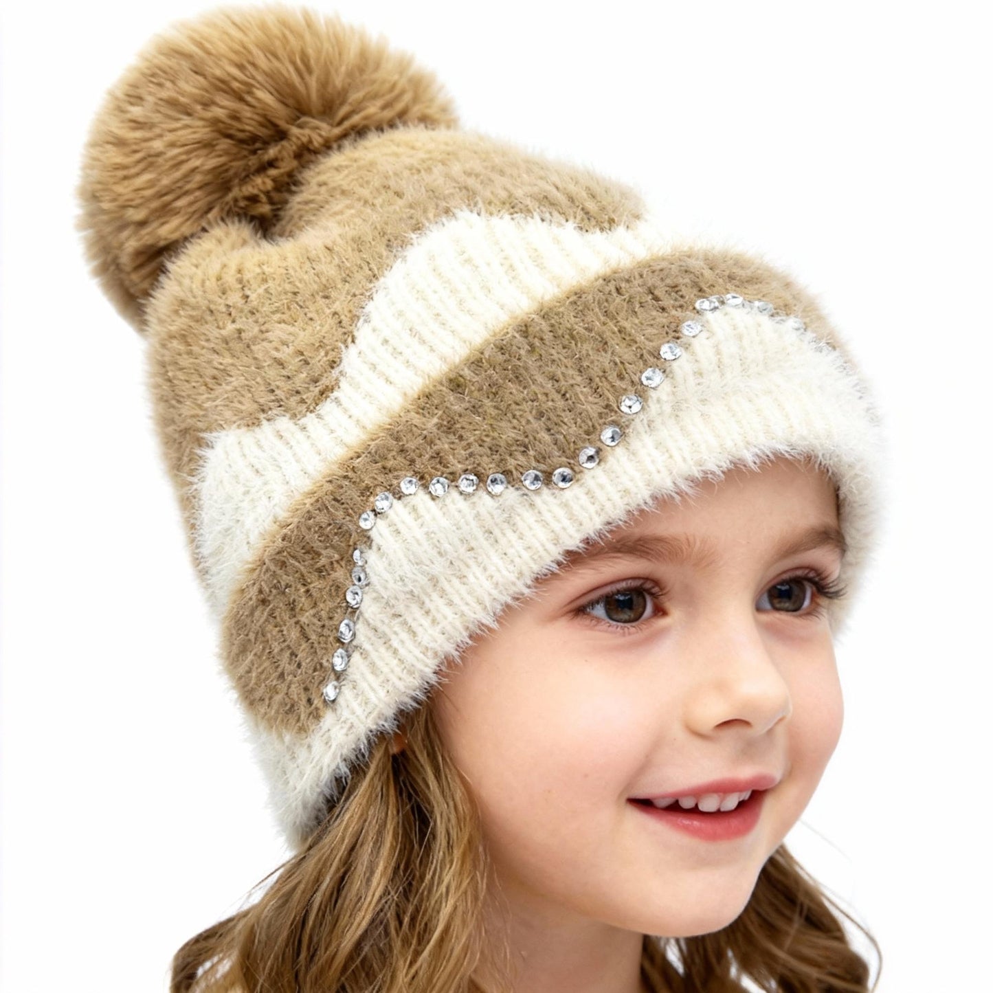 Double Layer Warm Plush Thickened Wool Ball Ear Protection Knitted Hat for Women Fashionable Jacquard Color Blocked Style