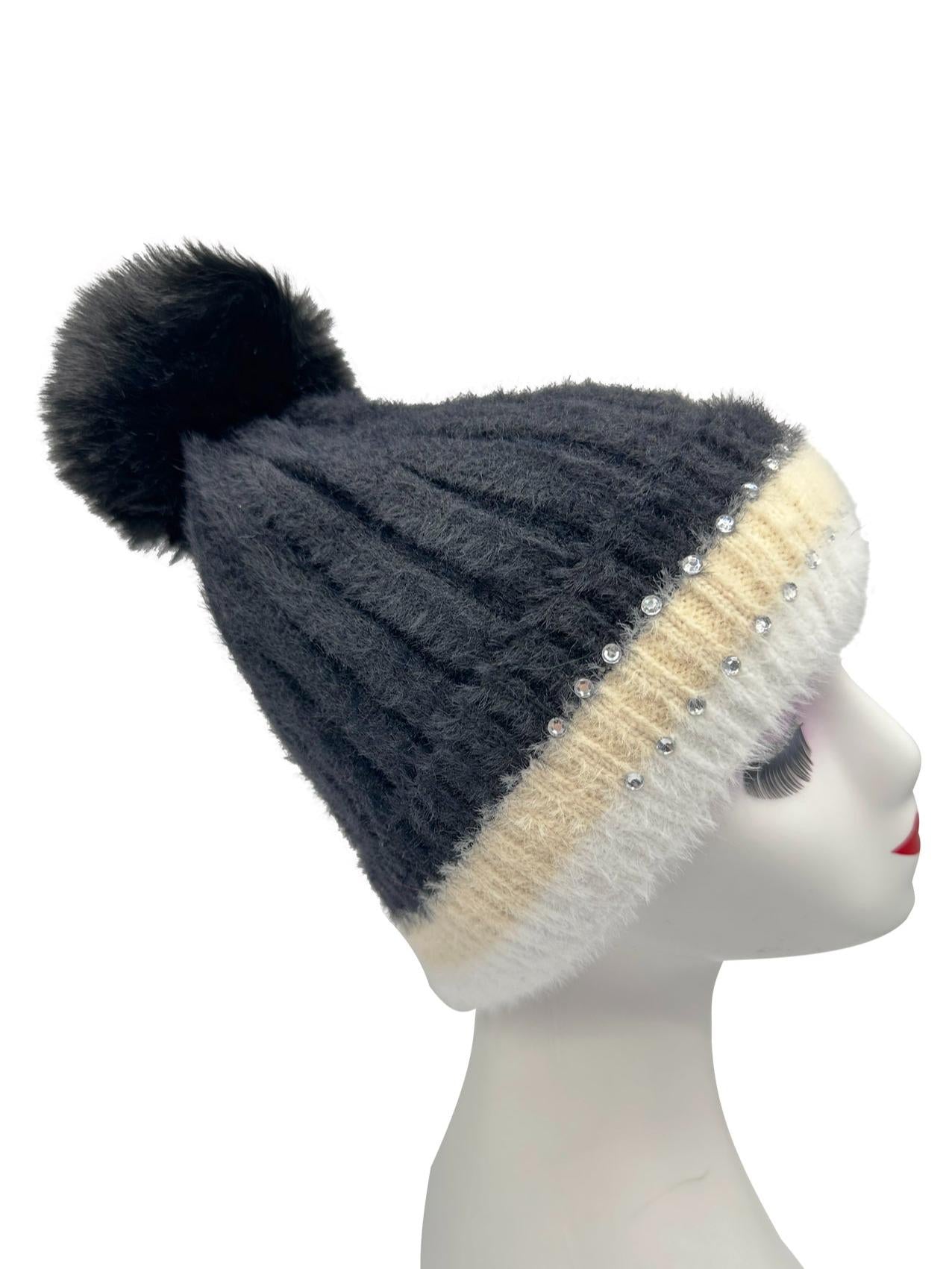 Winter New Velvet Warm Ear Protection Knitted Hat for Children Cute Plush Splicing Hoodie Riding Windproof with Rhinestone Detail