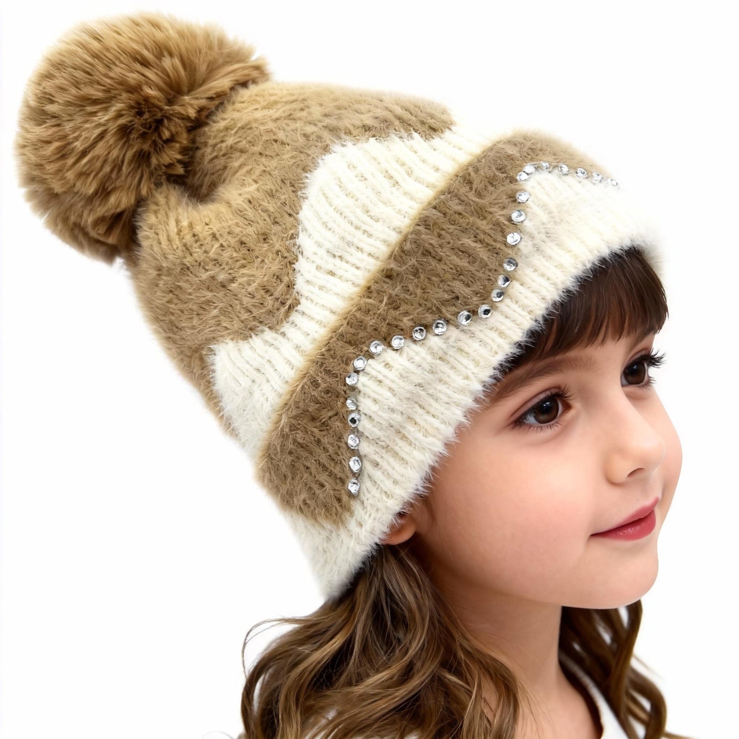 Double Layer Warm Plush Thickened Wool Ball Ear Protection Knitted Hat for Women Fashionable Jacquard Color Blocked Style