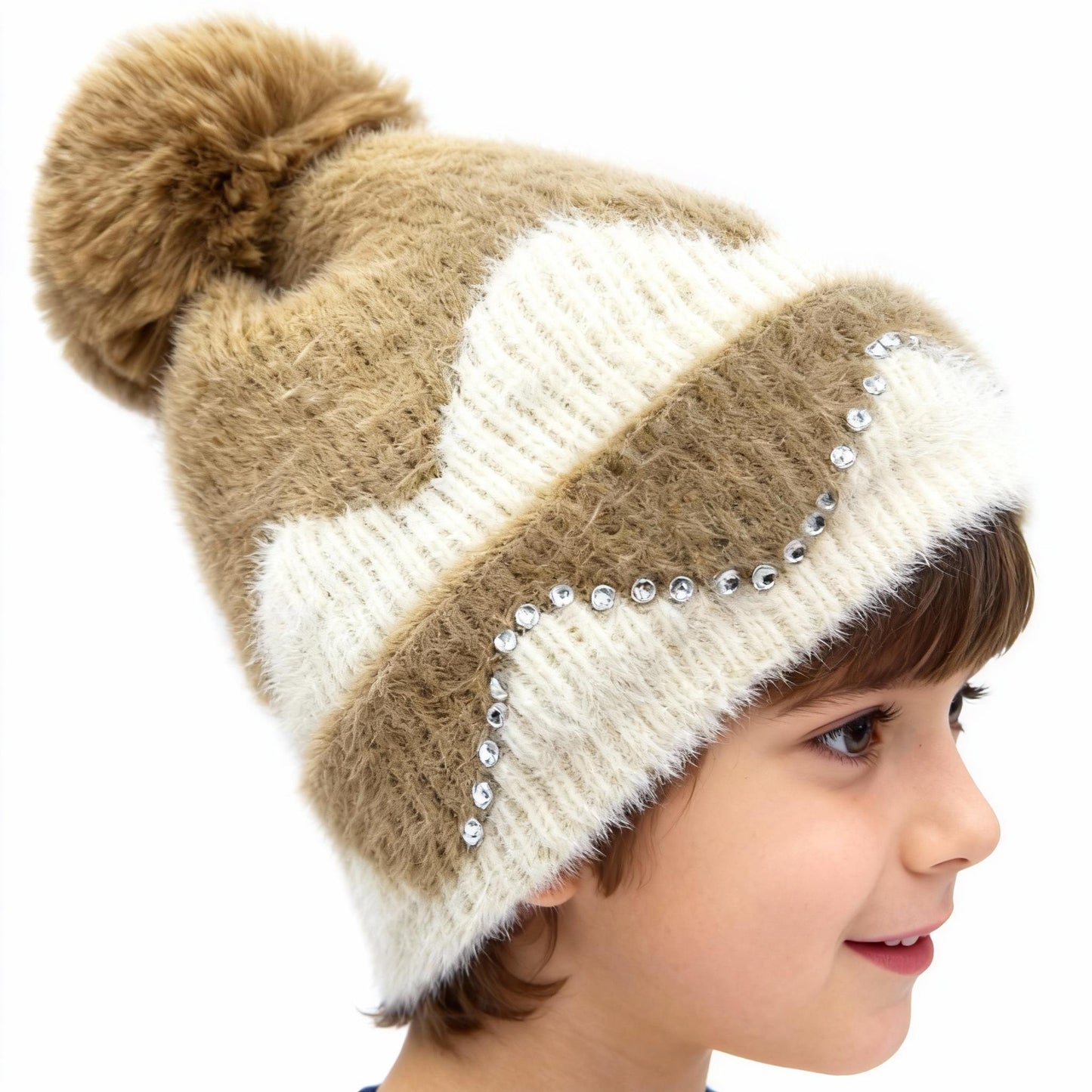 Double Layer Warm Plush Thickened Wool Ball Ear Protection Knitted Hat for Women Fashionable Jacquard Color Blocked Style