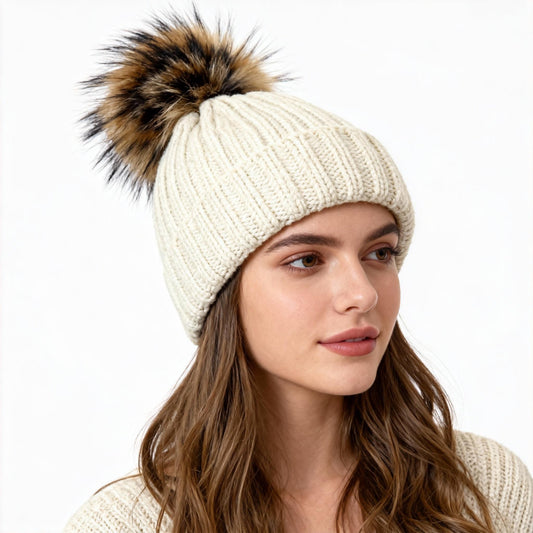 Sweet and Fashionable Winter Knitted Hat with Woolen Ball and Yarn Thick Velvet Women's Ear Protection Hat