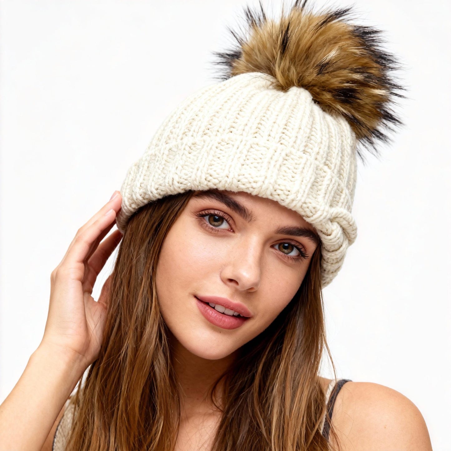 Sweet and Fashionable Winter Knitted Hat with Woolen Ball and Yarn Thick Velvet Women's Ear Protection Hat