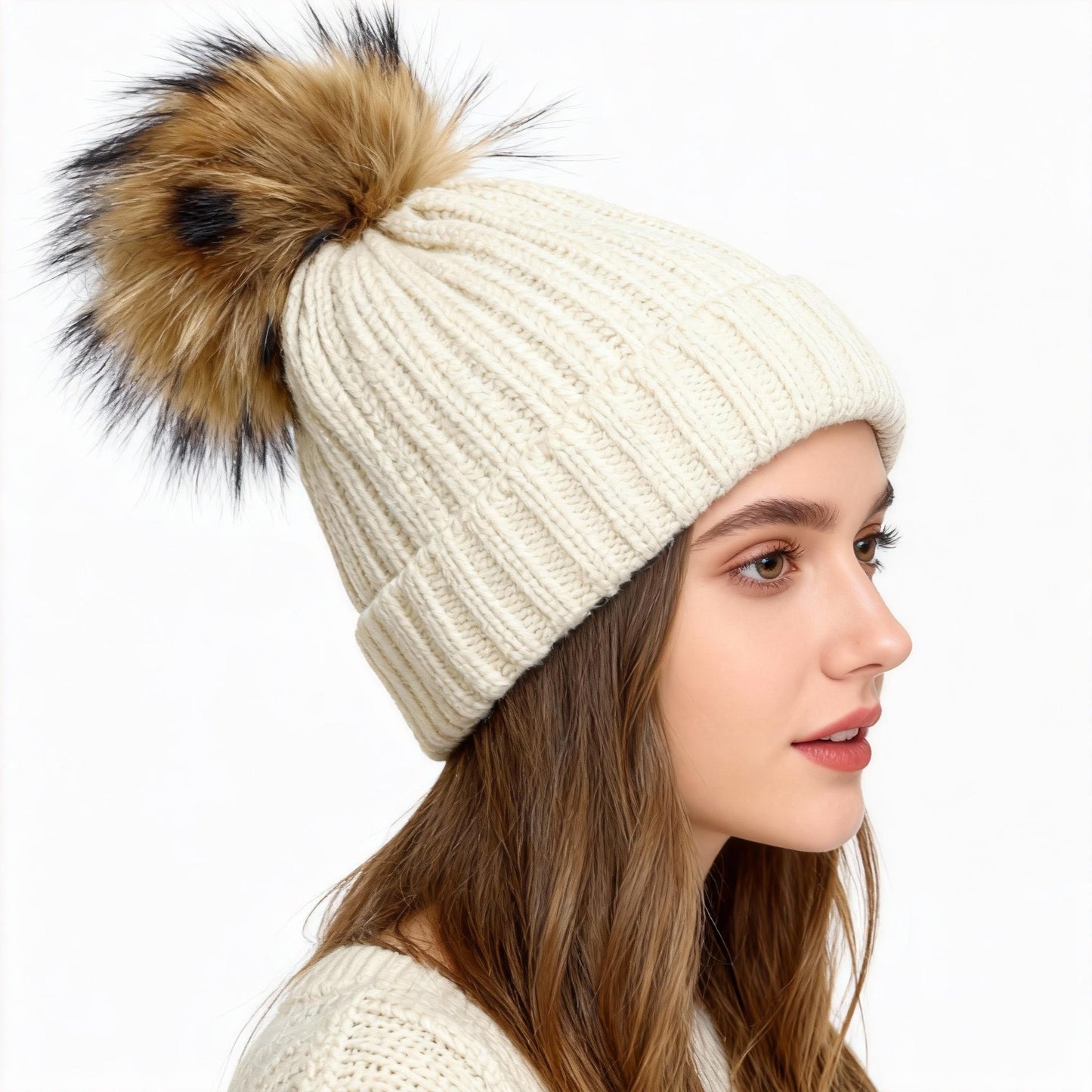 Sweet and Fashionable Winter Knitted Hat with Woolen Ball and Yarn Thick Velvet Women's Ear Protection Hat