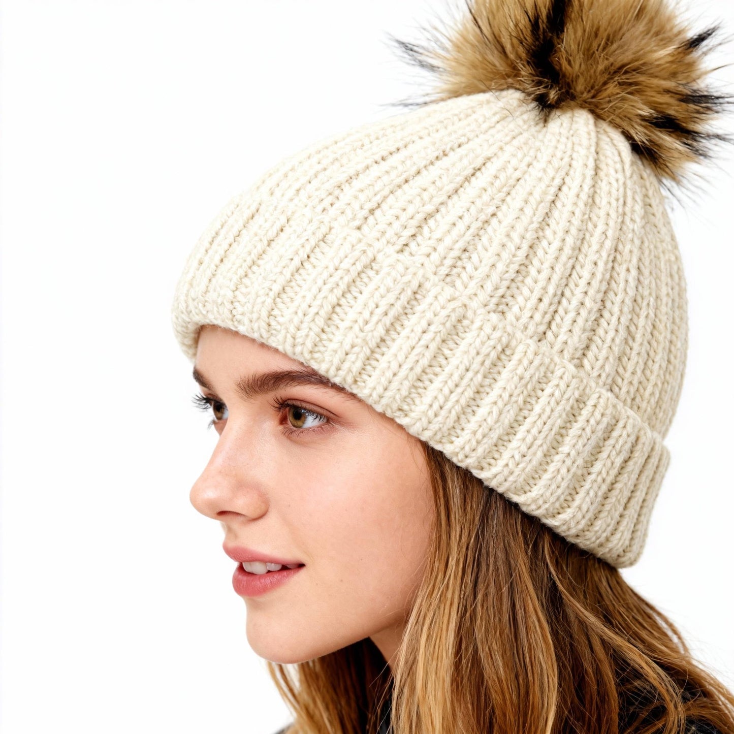 Sweet and Fashionable Winter Knitted Hat with Woolen Ball and Yarn Thick Velvet Women's Ear Protection Hat