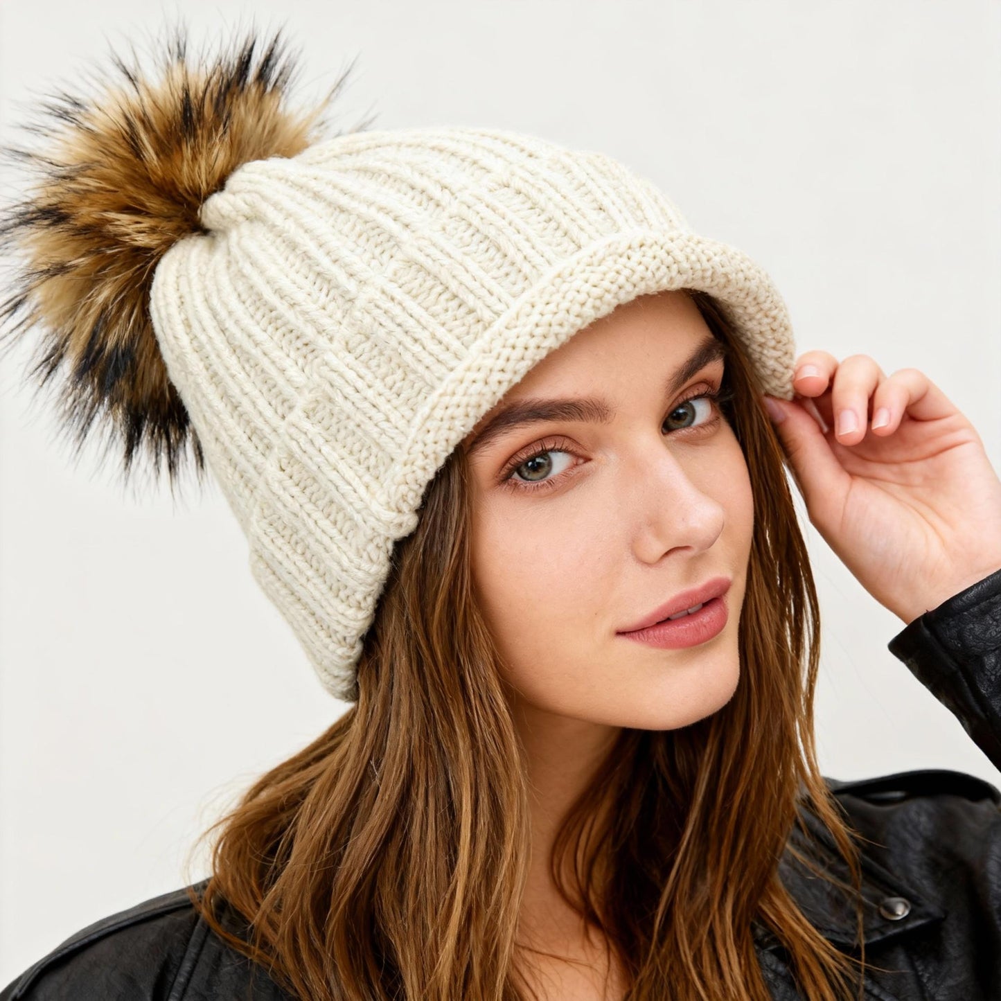 Sweet and Fashionable Winter Knitted Hat with Woolen Ball and Yarn Thick Velvet Women's Ear Protection Hat