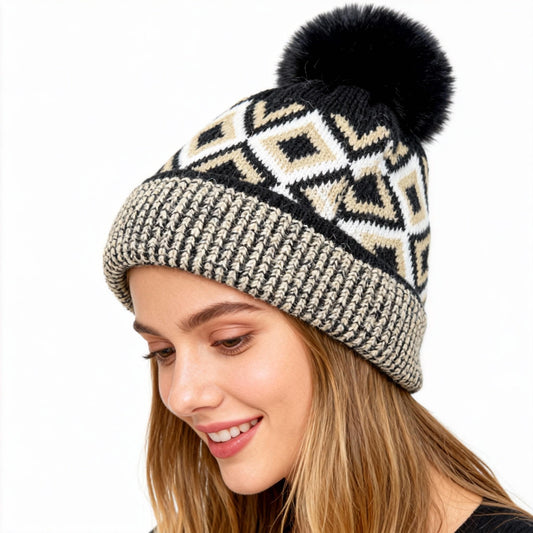 American Color Blocked Patterned Woolen Hat for Women Woolen Ball Hat for Warmth Thick Ear Protection Knitted Hat with Fleece