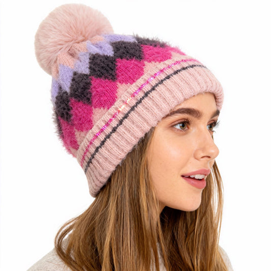 Winter Warm Hat Autumn Windproof Knitted Thick Woolen Hat Fashionable Trendy with Geometric Pattern and Pom-Pom
