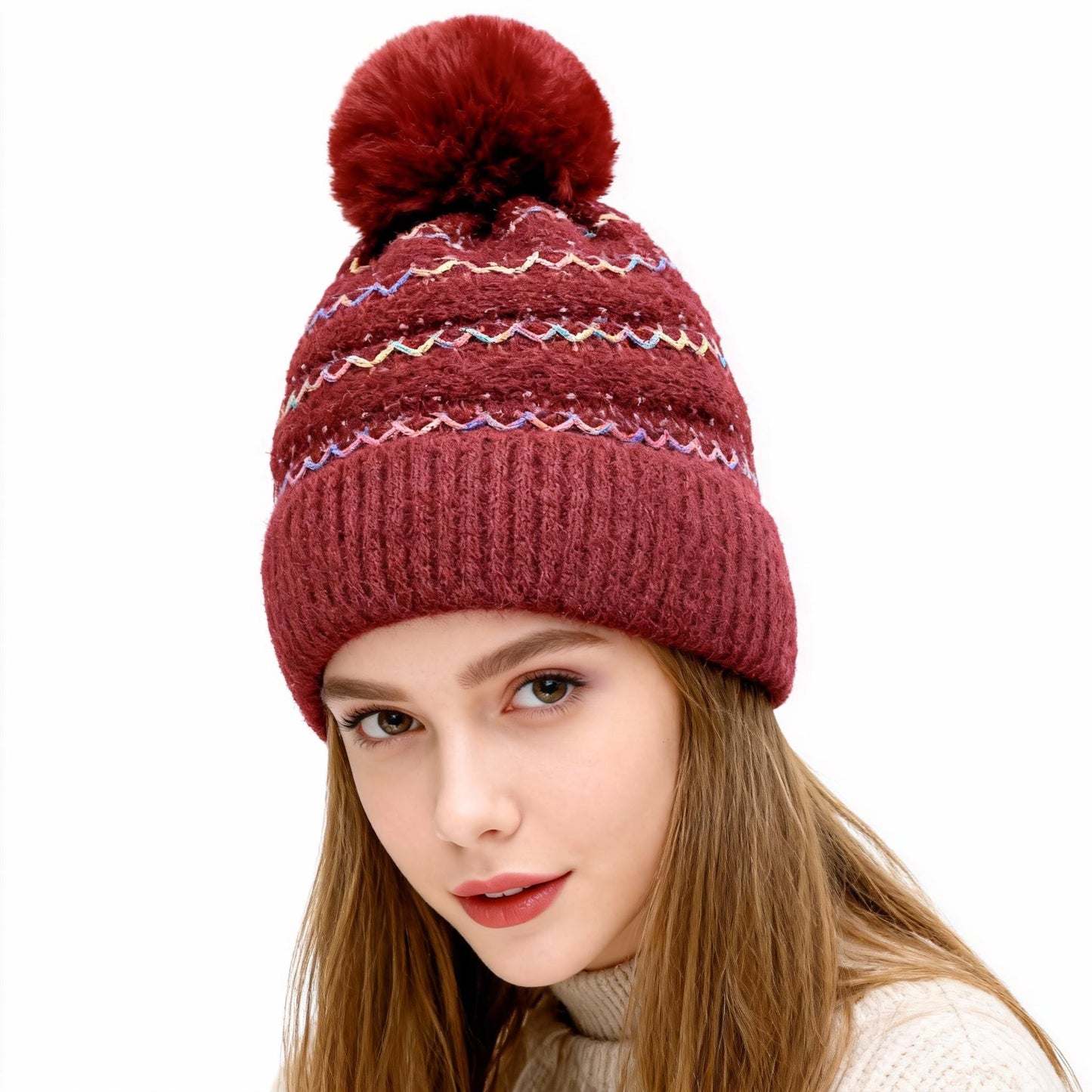Women's Winter Fleece Lined Colorful Knit Hat Thickened Cold-Resistant Ski Pom Pom Ear Flap Hat for Cozy Days