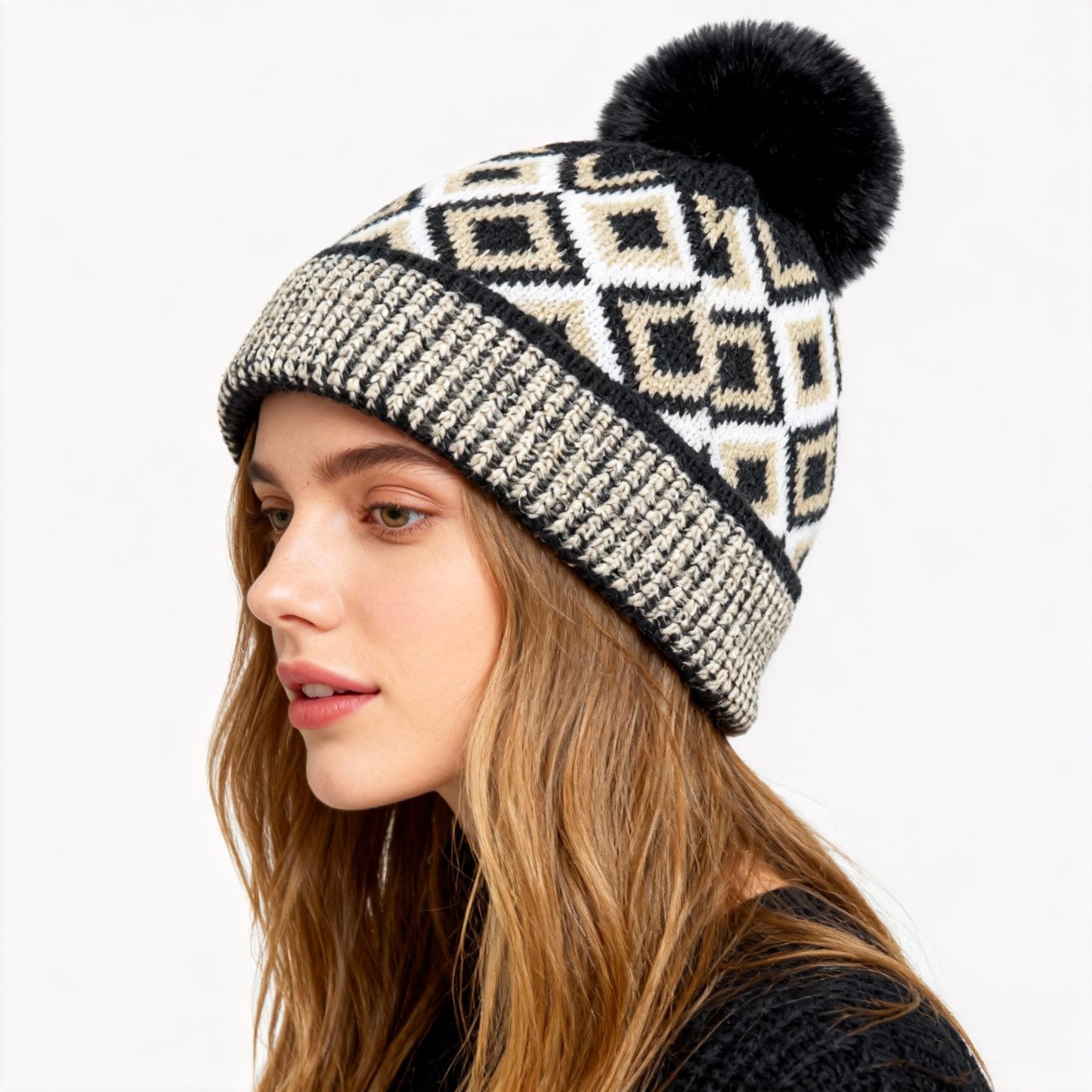 American Color Blocked Patterned Woolen Hat for Women Woolen Ball Hat for Warmth Thick Ear Protection Knitted Hat with Fleece