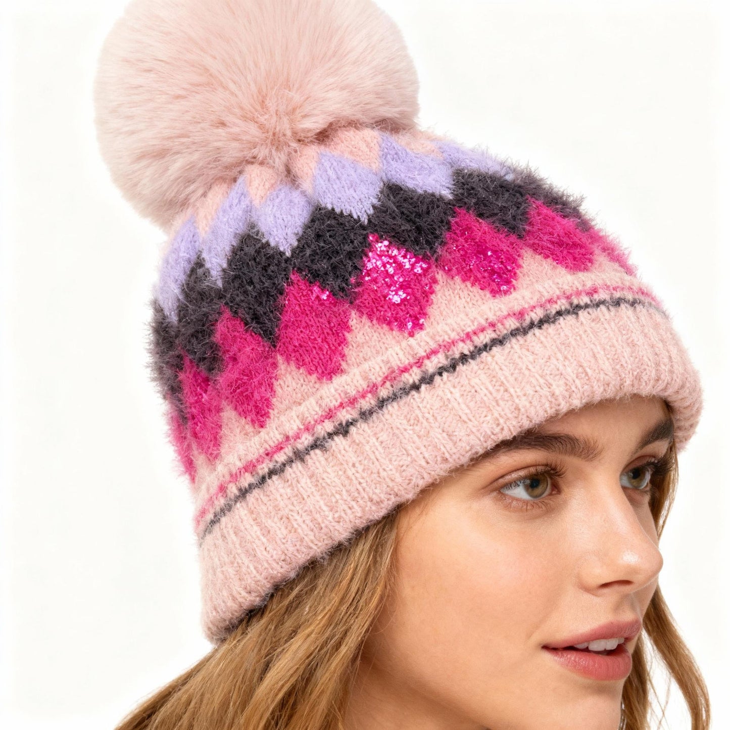 Winter Warm Hat Autumn Windproof Knitted Thick Woolen Hat Fashionable Trendy with Geometric Pattern and Pom-Pom