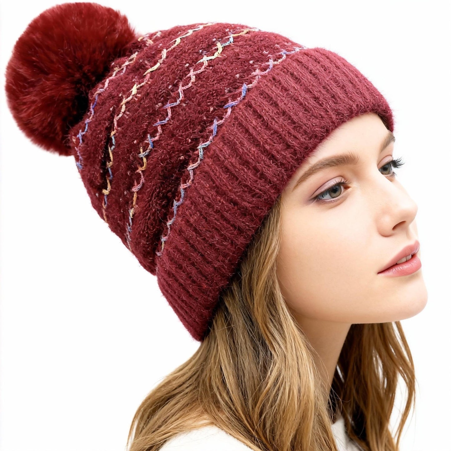 Women's Winter Fleece Lined Colorful Knit Hat Thickened Cold-Resistant Ski Pom Pom Ear Flap Hat for Cozy Days