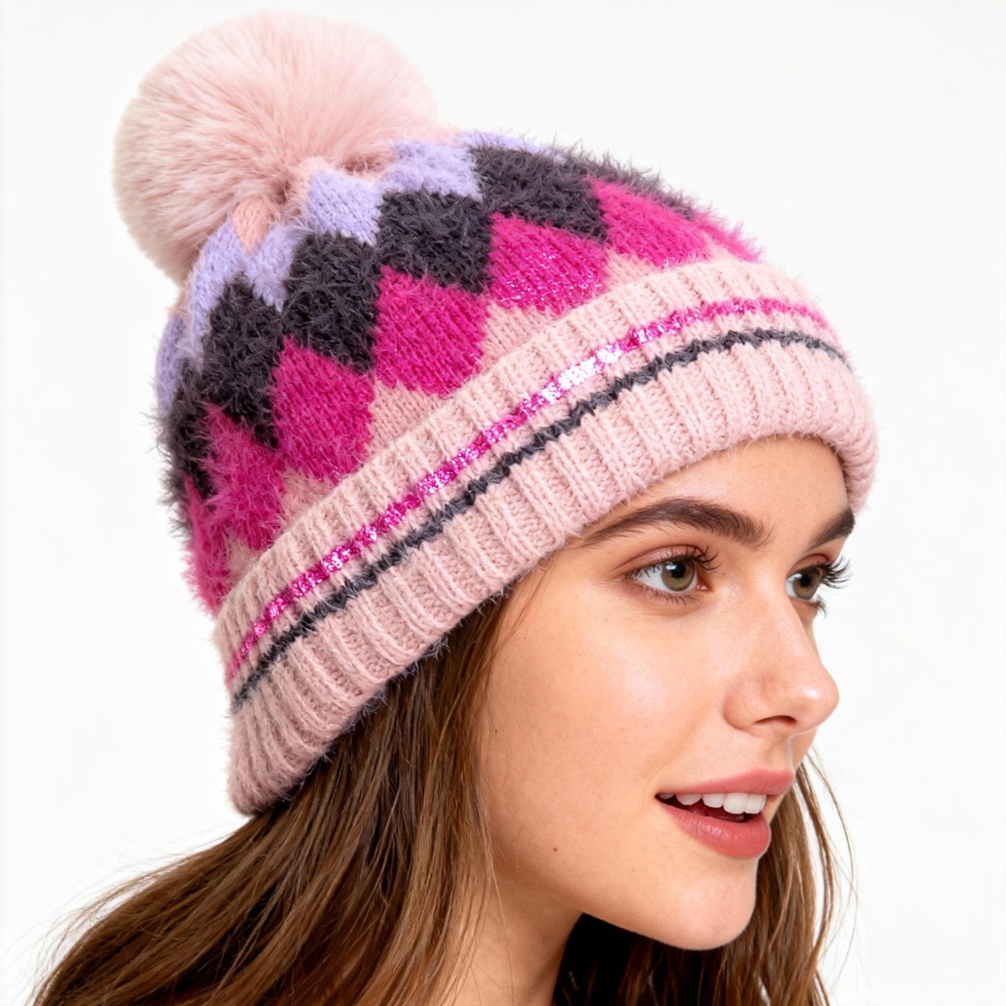 Winter Warm Hat Autumn Windproof Knitted Thick Woolen Hat Fashionable Trendy with Geometric Pattern and Pom-Pom