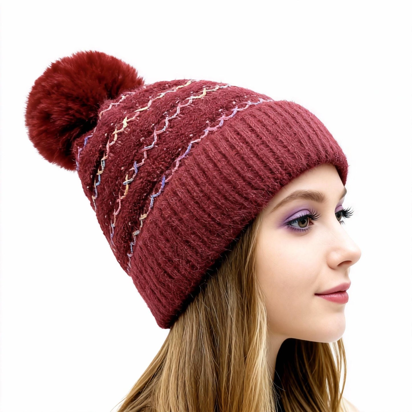 Women's Winter Fleece Lined Colorful Knit Hat Thickened Cold-Resistant Ski Pom Pom Ear Flap Hat for Cozy Days
