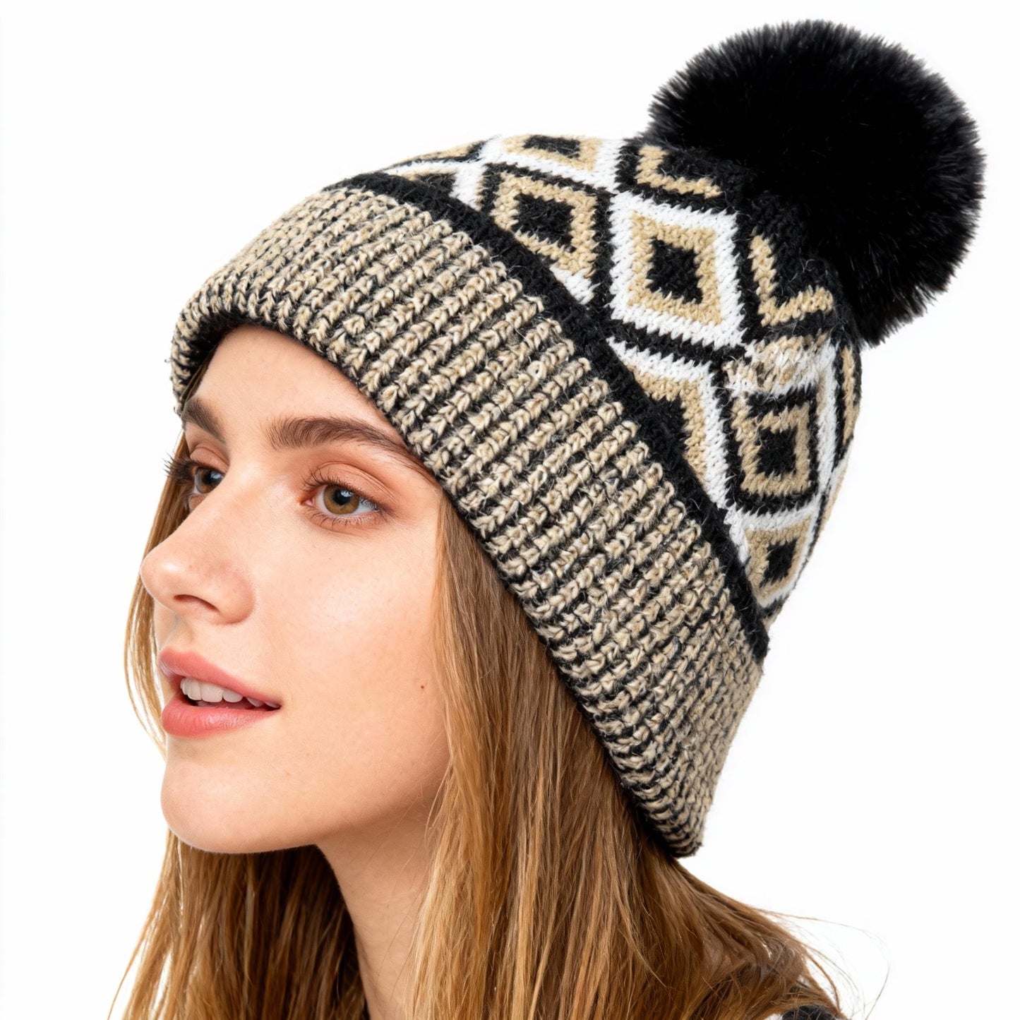 American Color Blocked Patterned Woolen Hat for Women Woolen Ball Hat for Warmth Thick Ear Protection Knitted Hat with Fleece