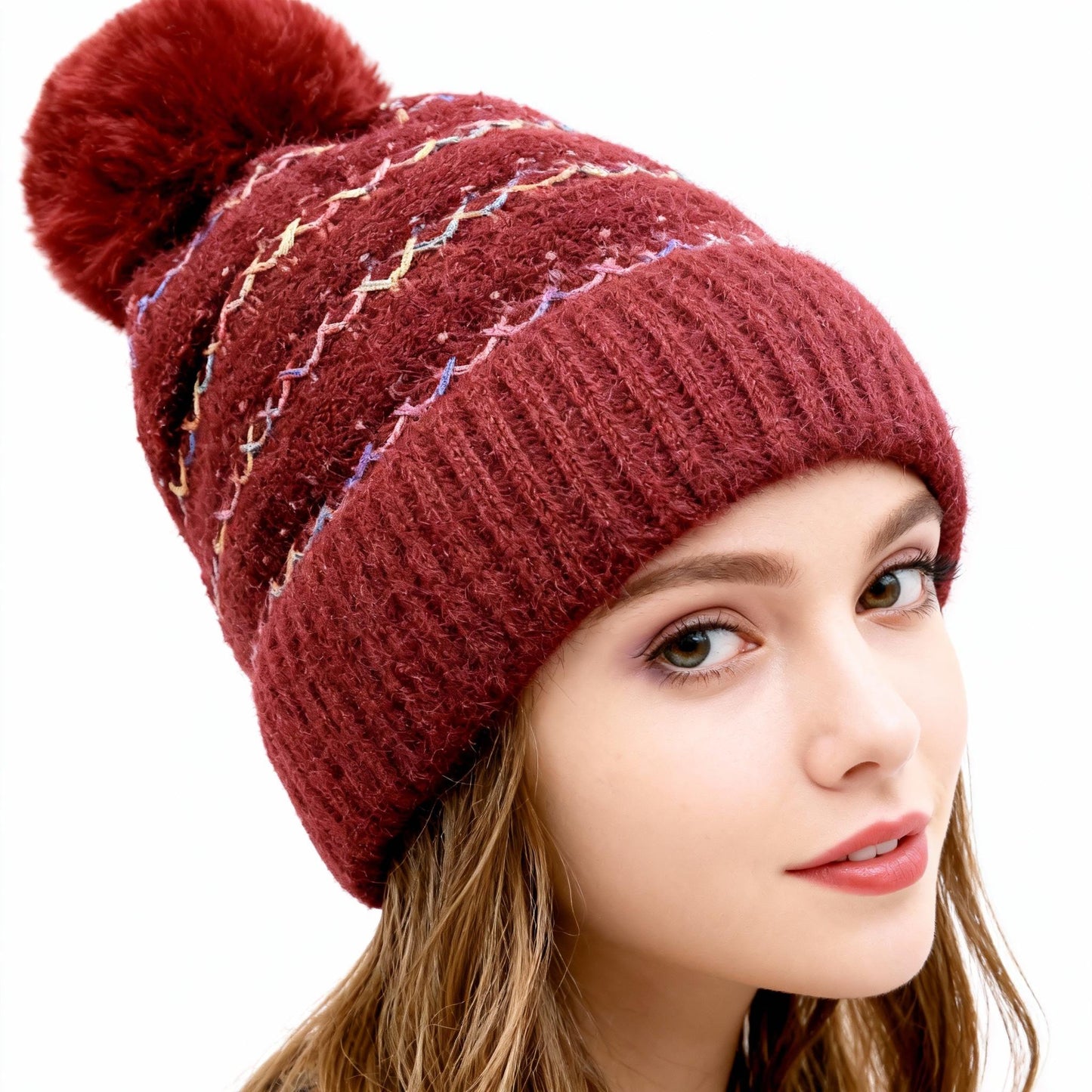 Women's Winter Fleece Lined Colorful Knit Hat Thickened Cold-Resistant Ski Pom Pom Ear Flap Hat for Cozy Days