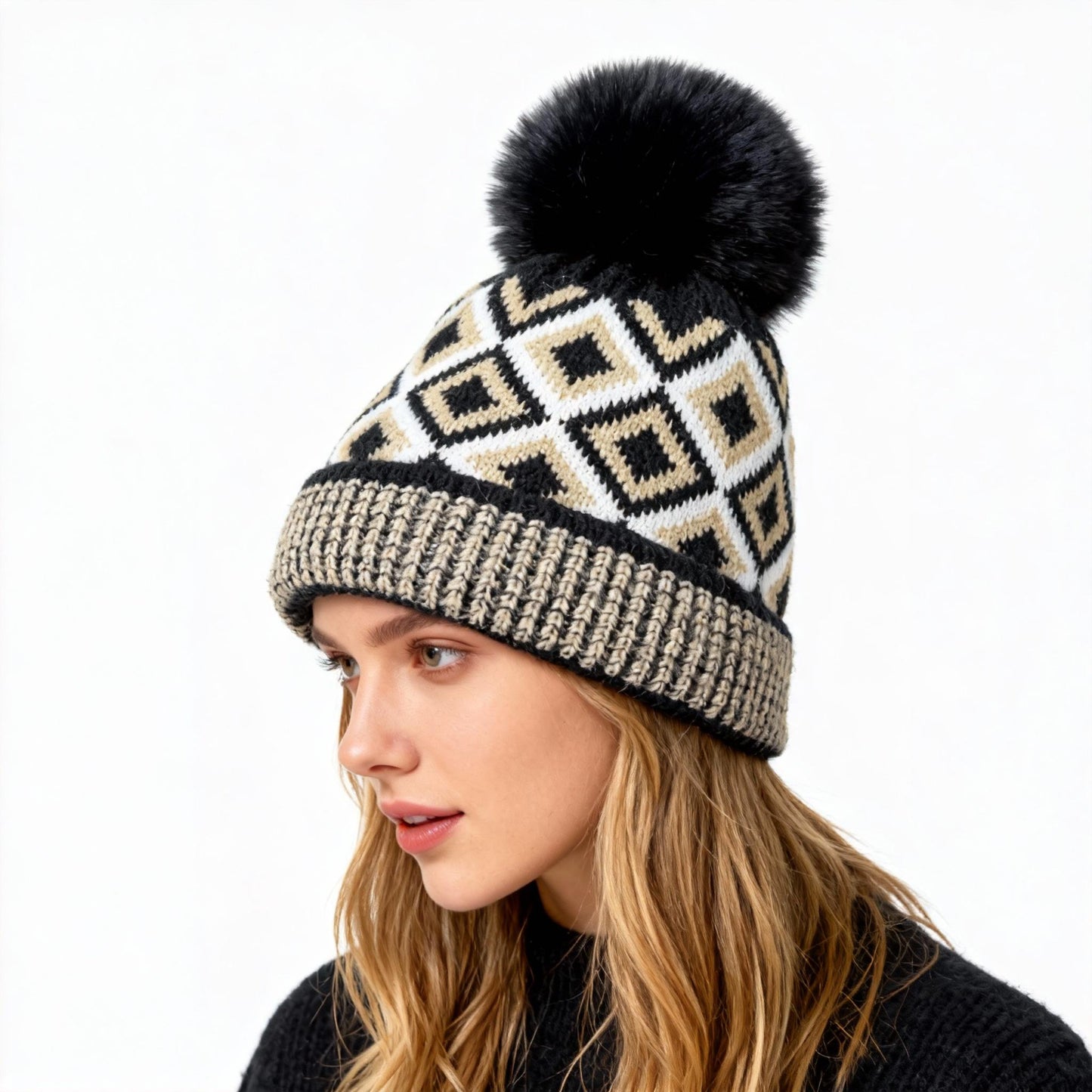 American Color Blocked Patterned Woolen Hat for Women Woolen Ball Hat for Warmth Thick Ear Protection Knitted Hat with Fleece