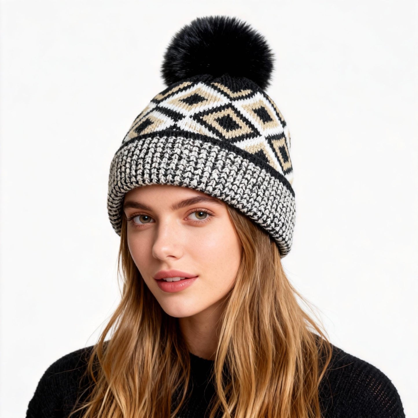 American Color Blocked Patterned Woolen Hat for Women Woolen Ball Hat for Warmth Thick Ear Protection Knitted Hat with Fleece