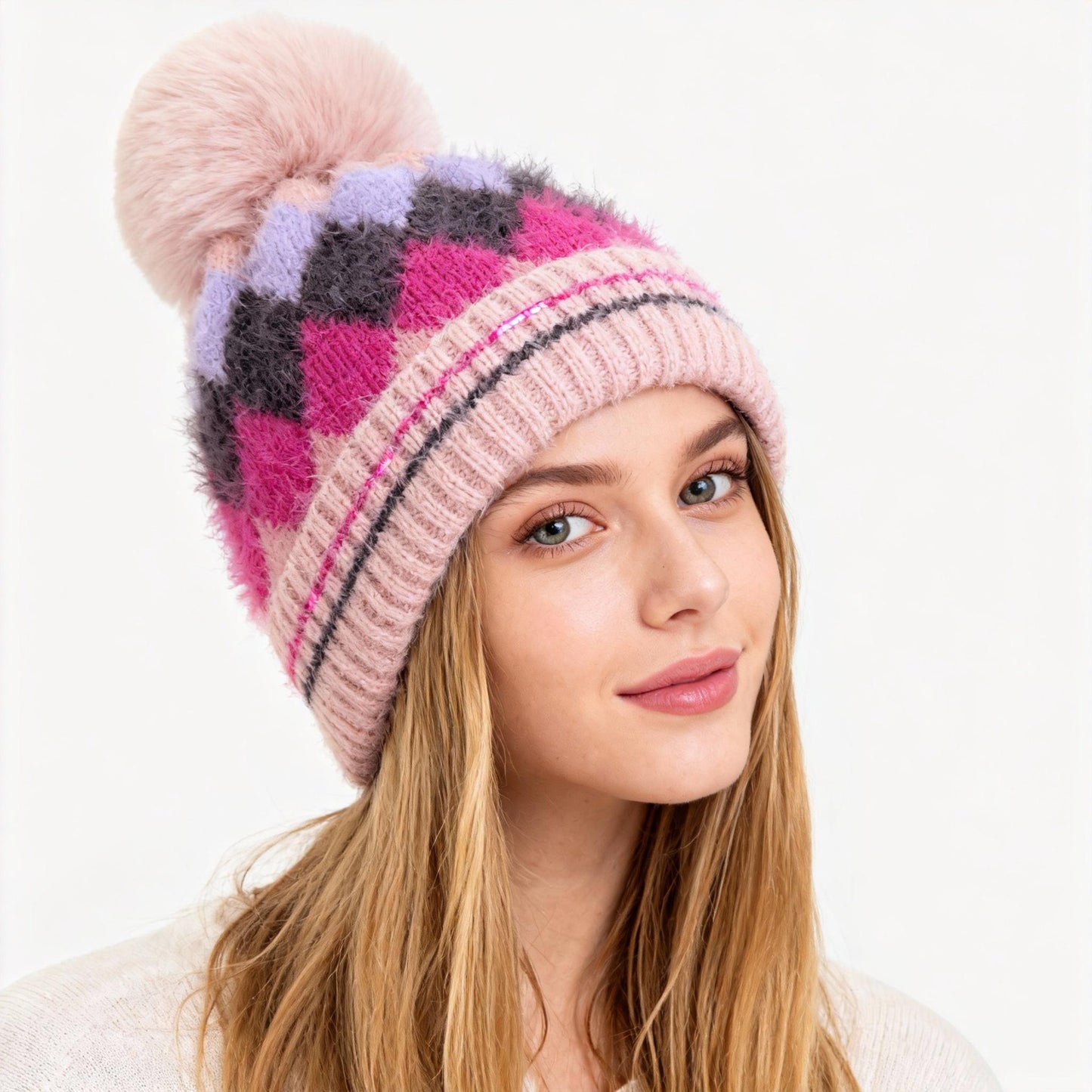 Winter Warm Hat Autumn Windproof Knitted Thick Woolen Hat Fashionable Trendy with Geometric Pattern and Pom-Pom