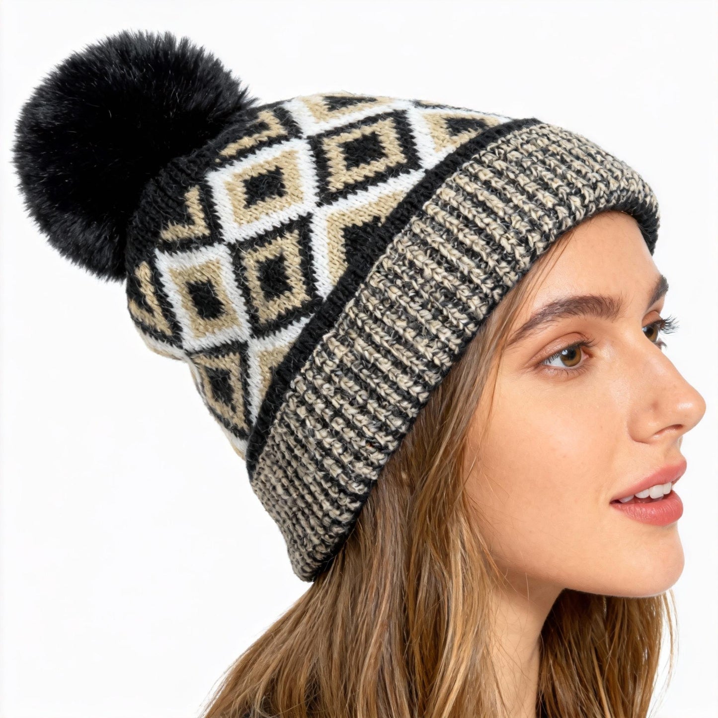 American Color Blocked Patterned Woolen Hat for Women Woolen Ball Hat for Warmth Thick Ear Protection Knitted Hat with Fleece