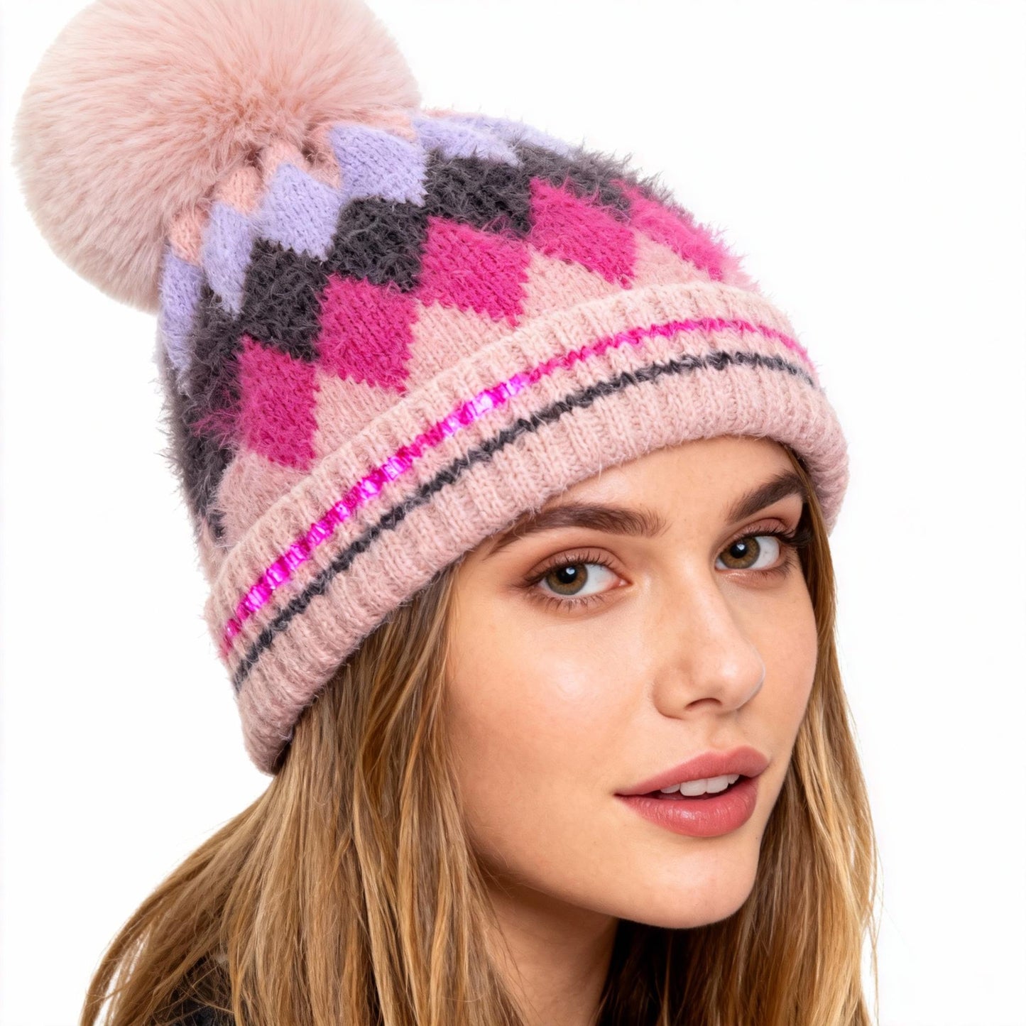 Winter Warm Hat Autumn Windproof Knitted Thick Woolen Hat Fashionable Trendy with Geometric Pattern and Pom-Pom