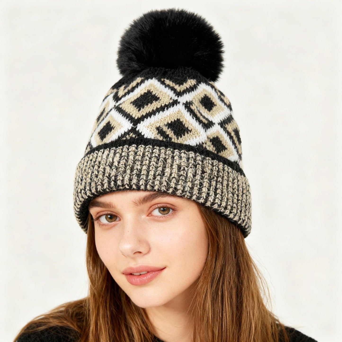 American Color Blocked Patterned Woolen Hat for Women Woolen Ball Hat for Warmth Thick Ear Protection Knitted Hat with Fleece