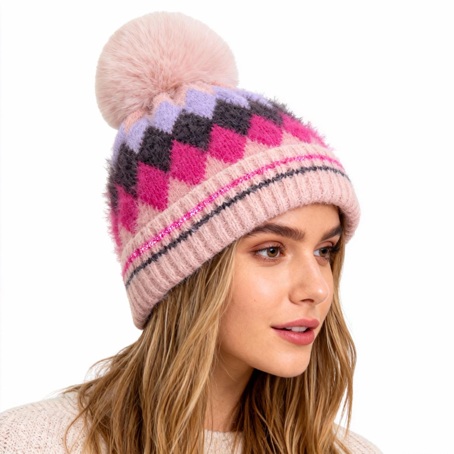 Winter Warm Hat Autumn Windproof Knitted Thick Woolen Hat Fashionable Trendy with Geometric Pattern and Pom-Pom