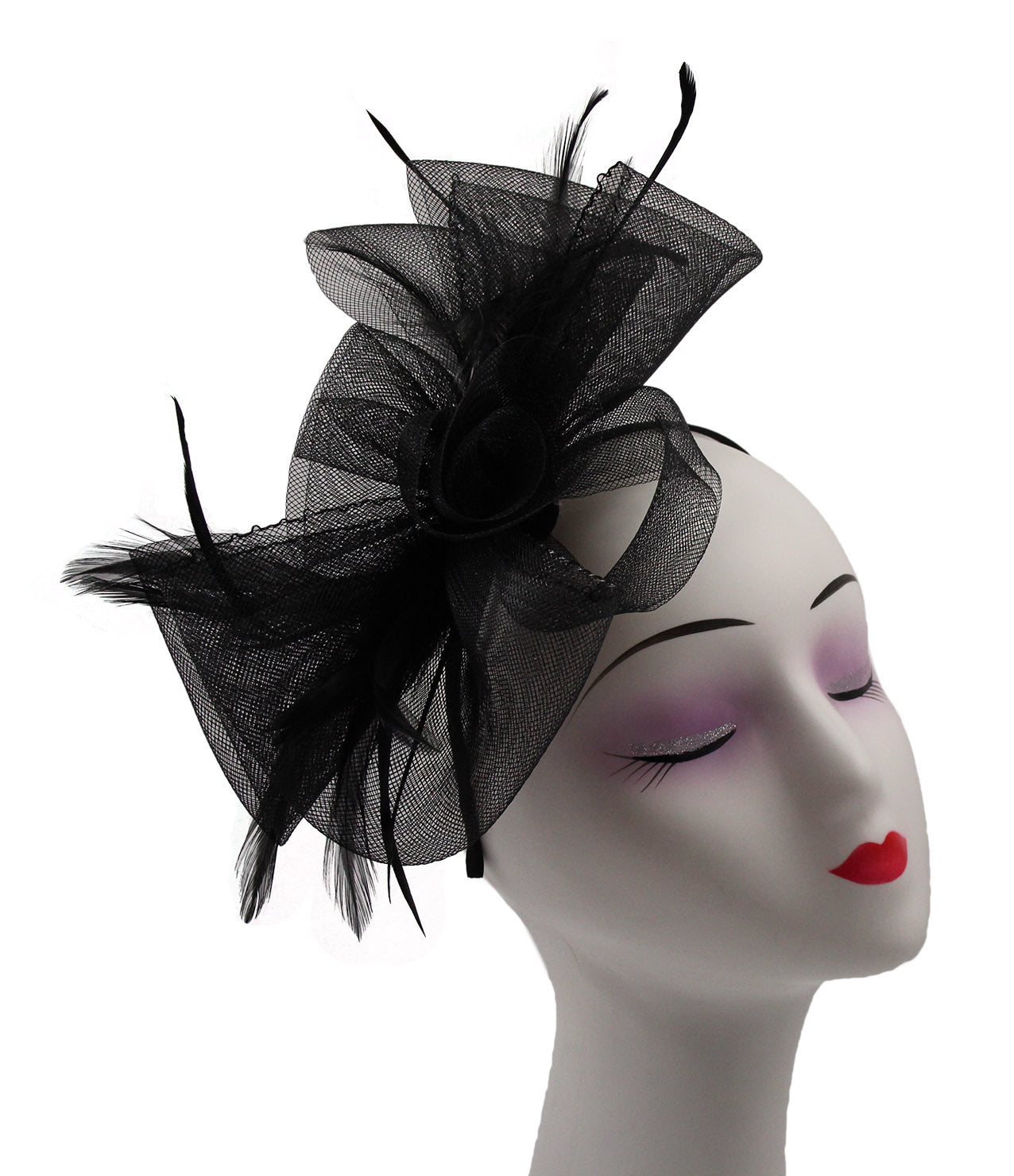 Large Folded Bow Knot Fascinator with Synthetic Curls & Feathers Elegant Design with Headband and Clip for Stylish Accessory