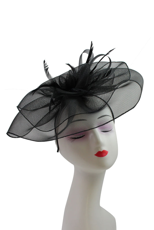 Large Floaty Two-Layer Fascinator, Synthetic Curls with Feathers  Flower & Feathers Detailing