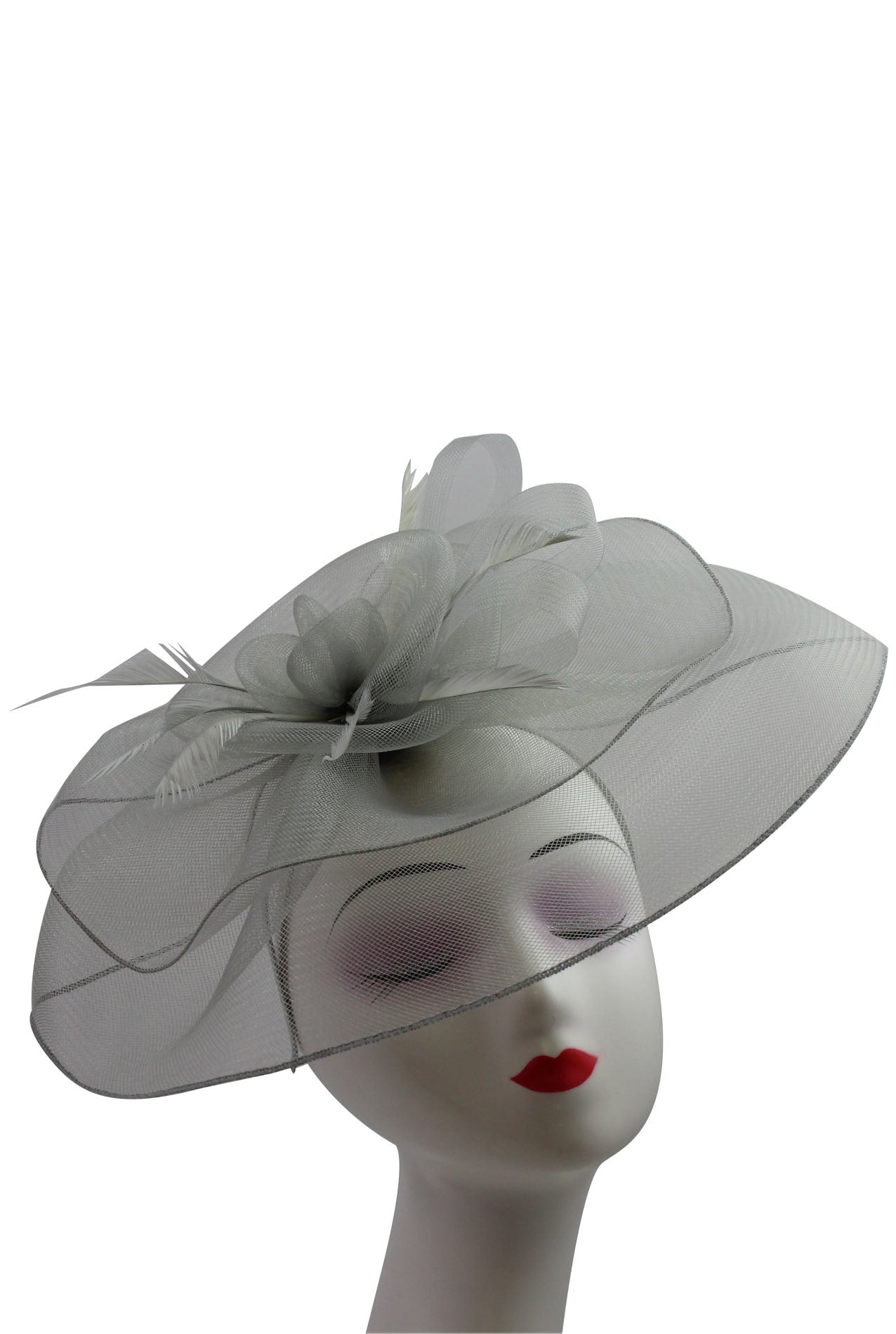Large Floaty Two-Layer Fascinator, Synthetic Curls with Feathers  Flower & Feathers Detailing