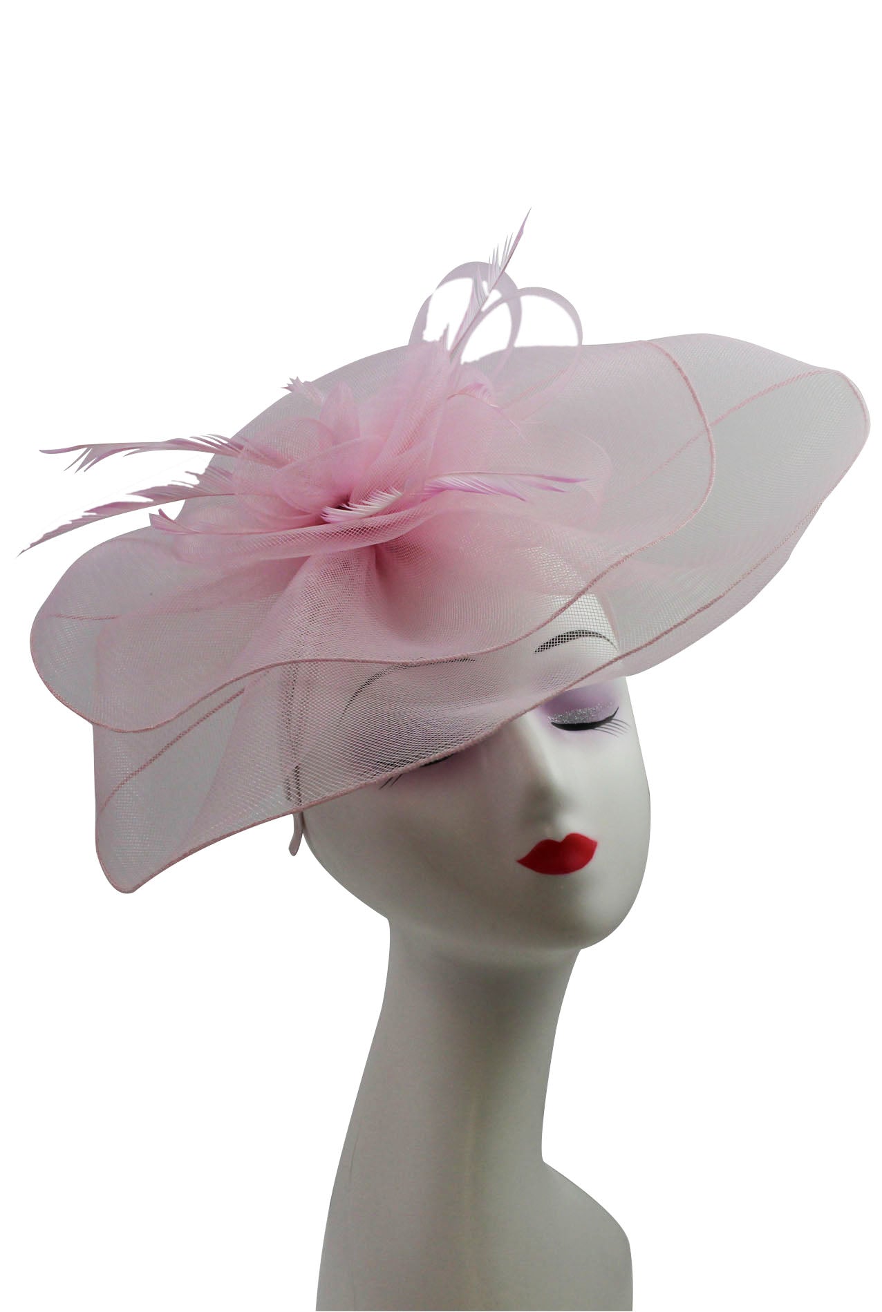 Large Floaty Two-Layer Fascinator, Synthetic Curls with Feathers  Flower & Feathers Detailing
