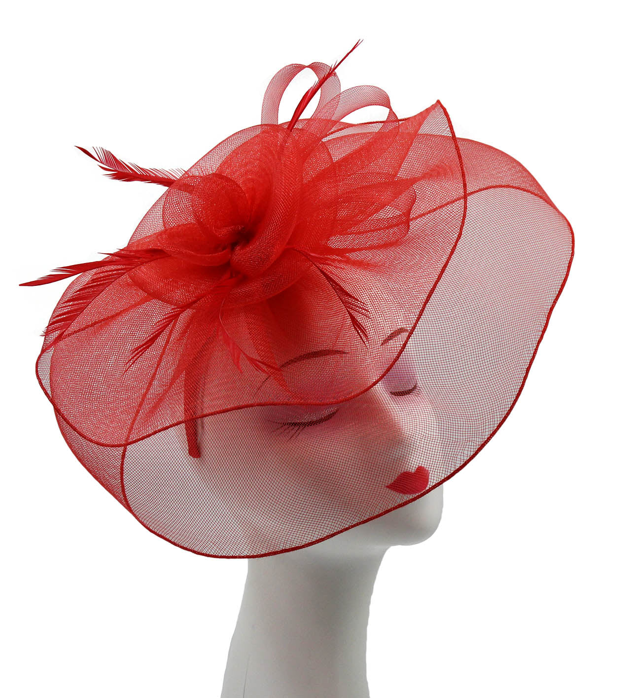 Large Floaty Two-Layer Fascinator, Synthetic Curls with Feathers  Flower & Feathers Detailing