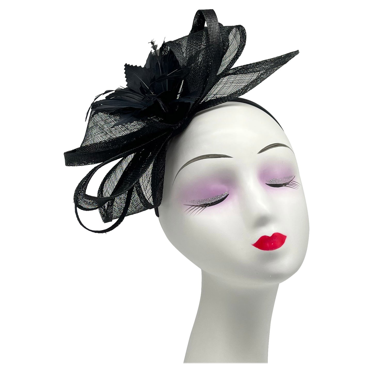 Curly Sinamy Fascinator with Feather Flower - Sinamay Material, 27cm Base, Includes Headband & Clip, Versatile for Any Occasion