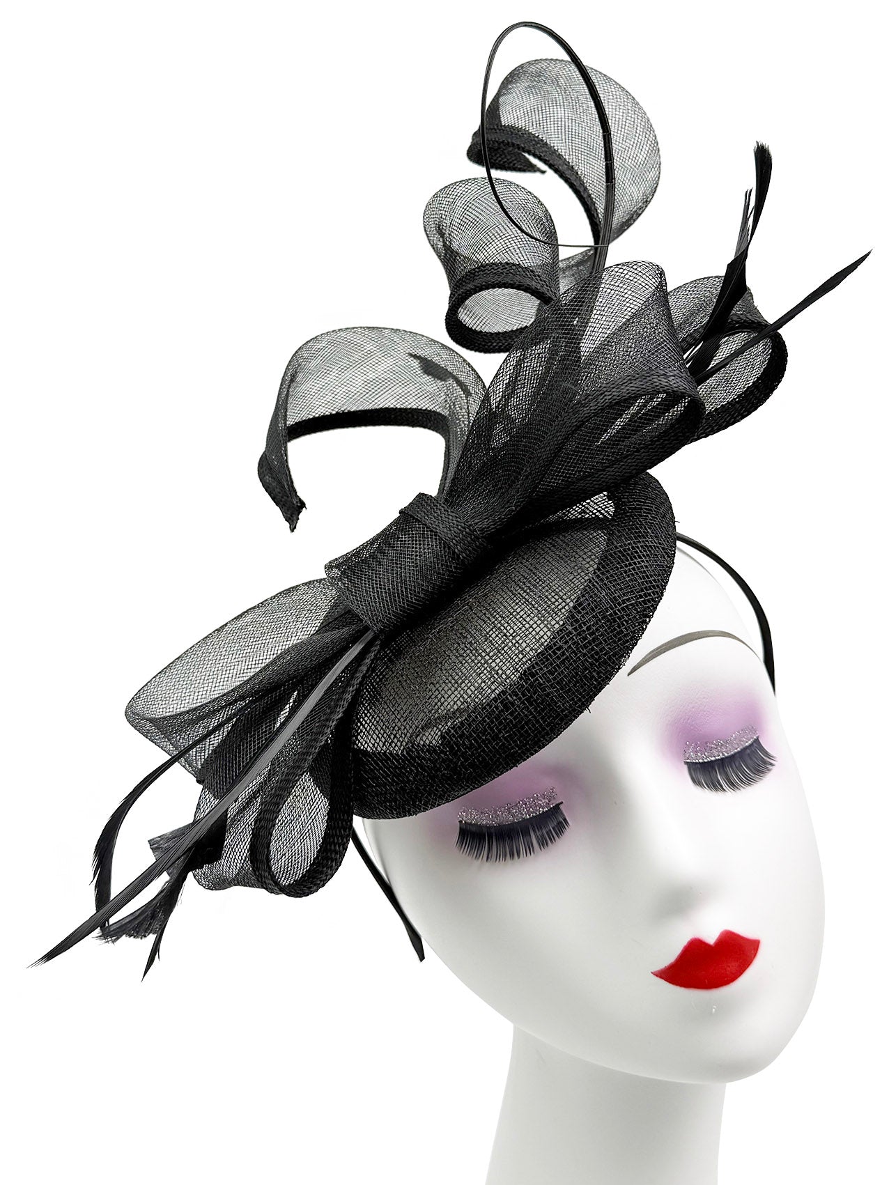 Round Pill Box Fascinator with Bow & Feathers Detailing