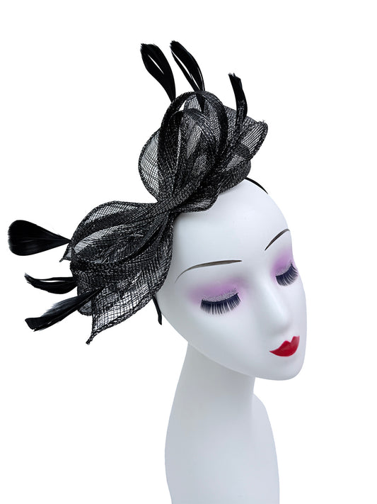 Bow Shaped Fascinator with Sinamay Curls and Feathers Detail