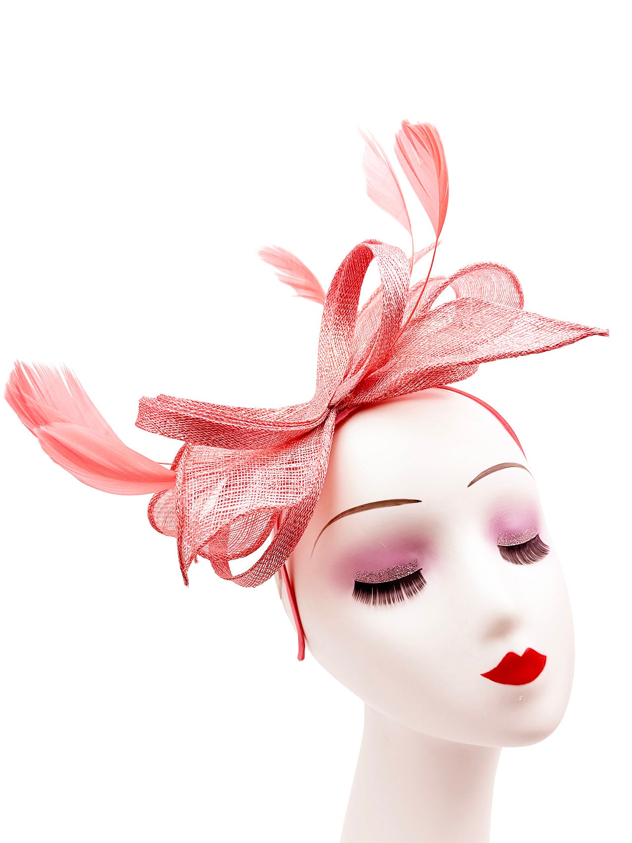 Bow Shaped Fascinator with Sinamay Curls and Feathers Detail