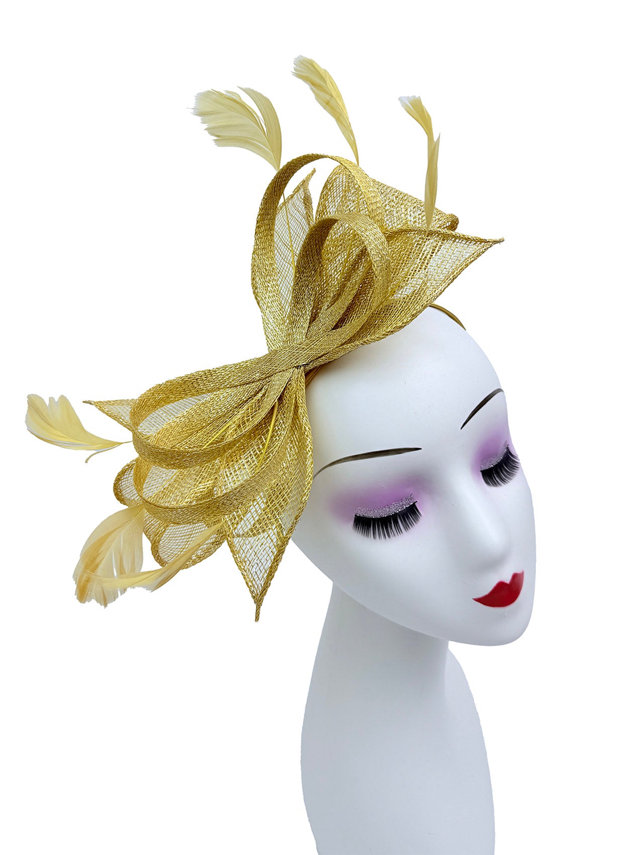 Bow Shaped Fascinator with Sinamay Curls and Feathers Detail