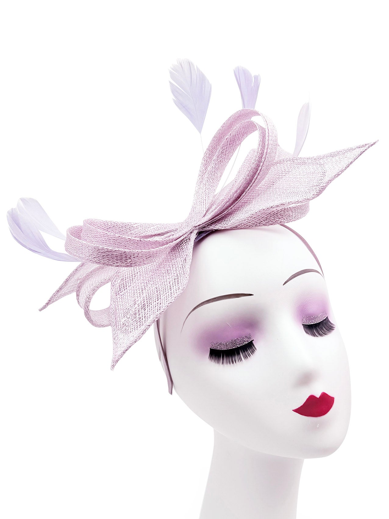 Bow Shaped Fascinator with Sinamay Curls and Feathers Detail