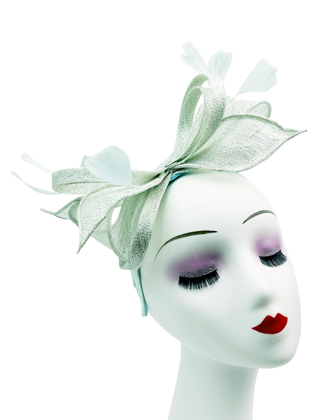 Bow Shaped Fascinator with Sinamay Curls and Feathers Detail