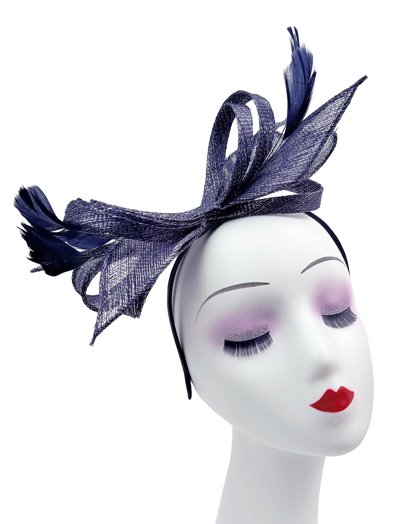 Bow Shaped Fascinator with Sinamay Curls and Feathers Detail