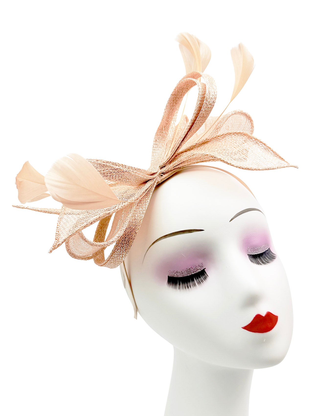 Bow Shaped Fascinator with Sinamay Curls and Feathers Detail