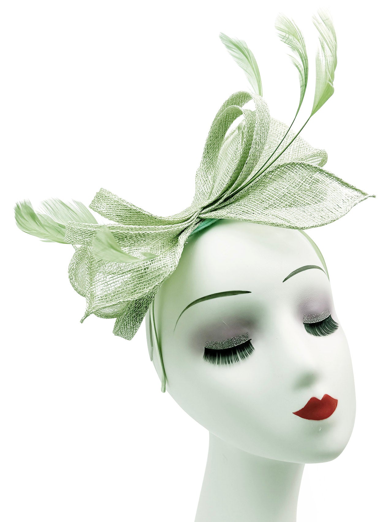 Bow Shaped Fascinator with Sinamay Curls and Feathers Detail