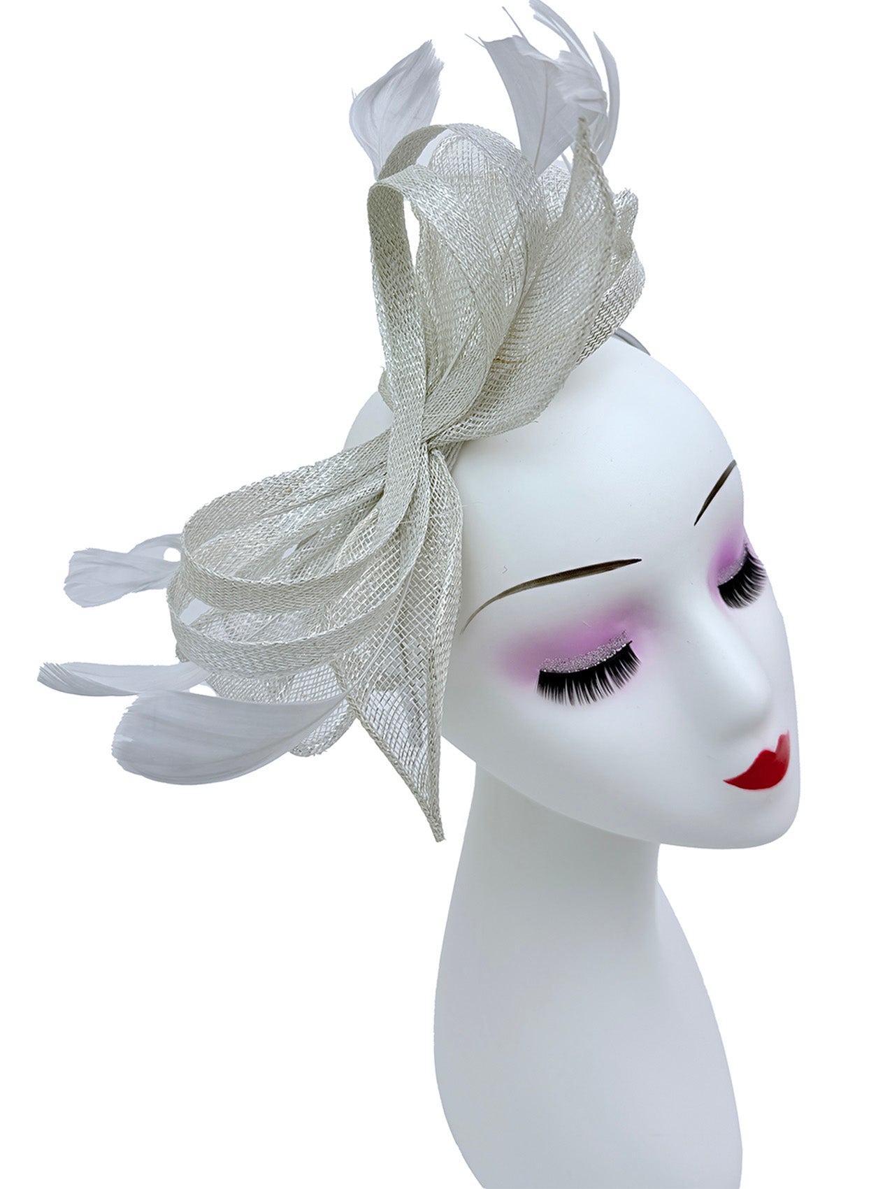 Bow Shaped Fascinator with Sinamay Curls and Feathers Detail