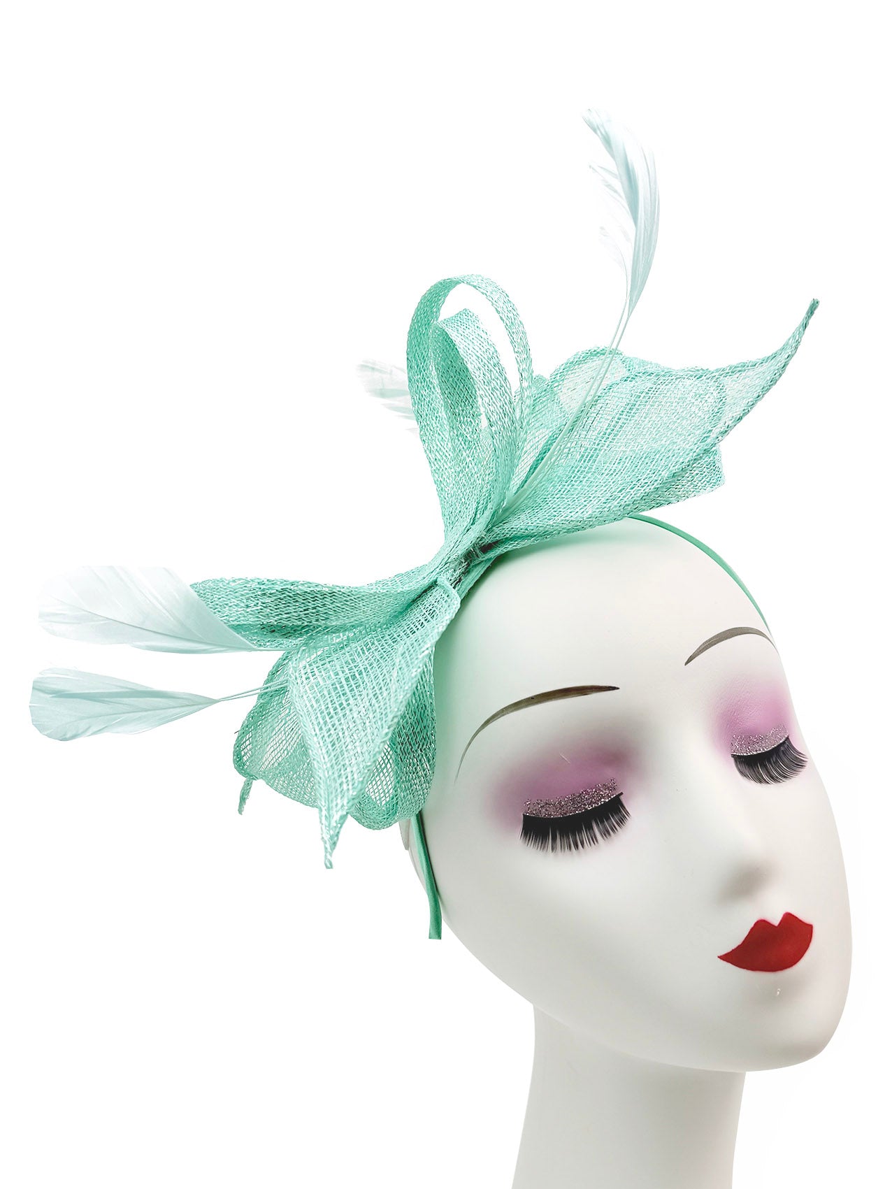 Bow Shaped Fascinator with Sinamay Curls and Feathers Detail