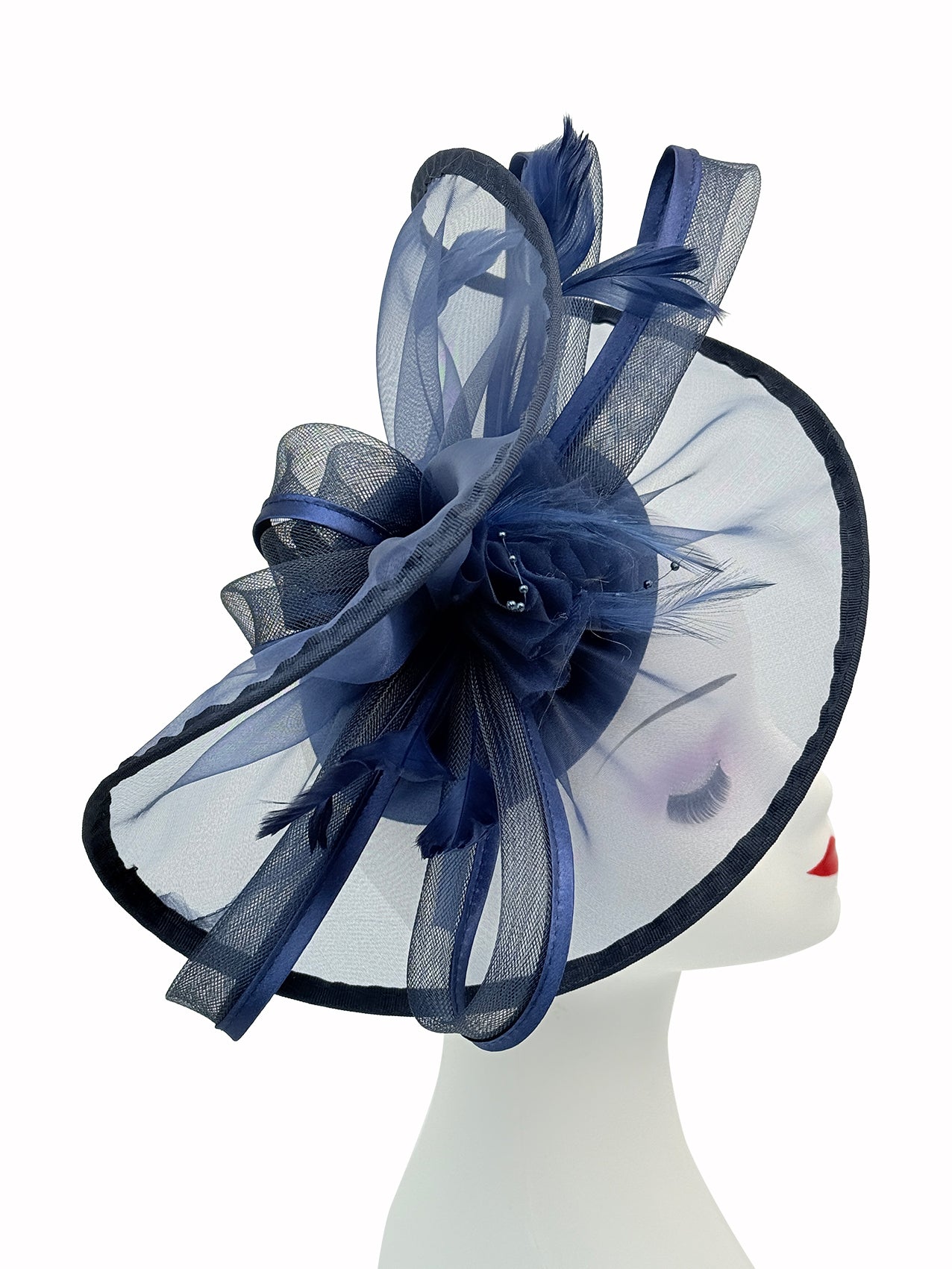 Arc Shaped Fascinator with Feathers and Floral Burst