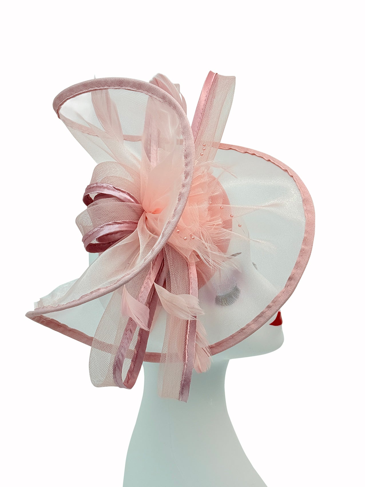Arc Shaped Fascinator with Feathers and Floral Burst